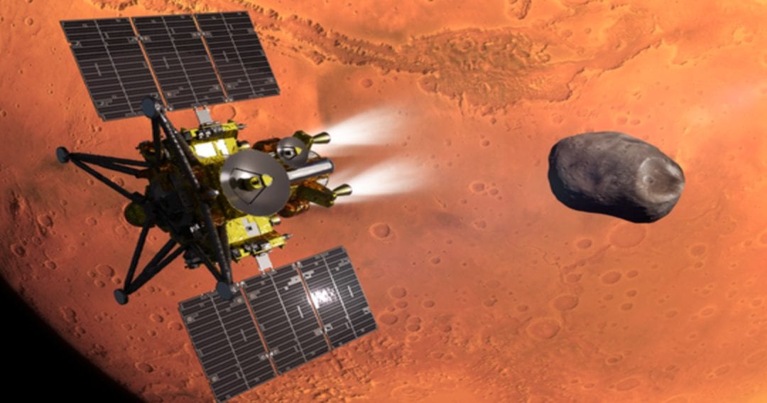 An artist’s illustration of Japan’s MMX spacecraft approaching Phobos near Mars. (Cover Image Source: JAXA)