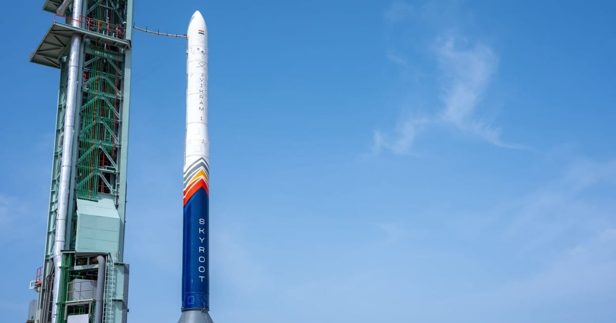 Skyroot Aerospace's Vikram-1 rocket at the launch pad at Satish Dhawan Space Center in Sriharikota. (Cover Image Source: Skyroot Aerospace)