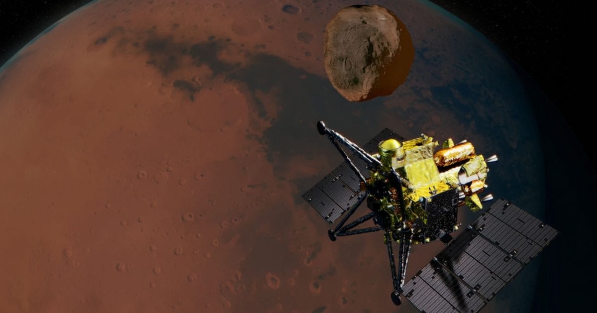 Artist's illustration of the MMX spacecraft approaching Phobos with Mars in the background. (Cover Image Source: JAXA)