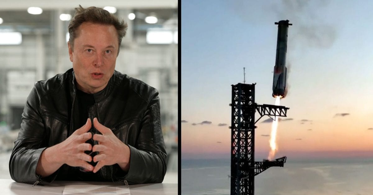 SpaceX CEO Elon Musk speaking at the Q3 earnings call (L); Starship's Super Heavy Booster steers itself towards the launch tower for a catch, October 13, 2024. (R). (Cover Image Source: SpaceX)