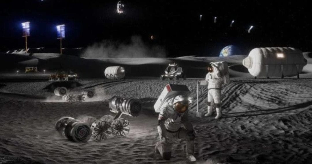 Artist’s rendering of astronauts, habitats, rovers, power systems, and cargo operations supporting a sustained Moon base near the lunar South Pole. (Representative Cover Image source: NASA)