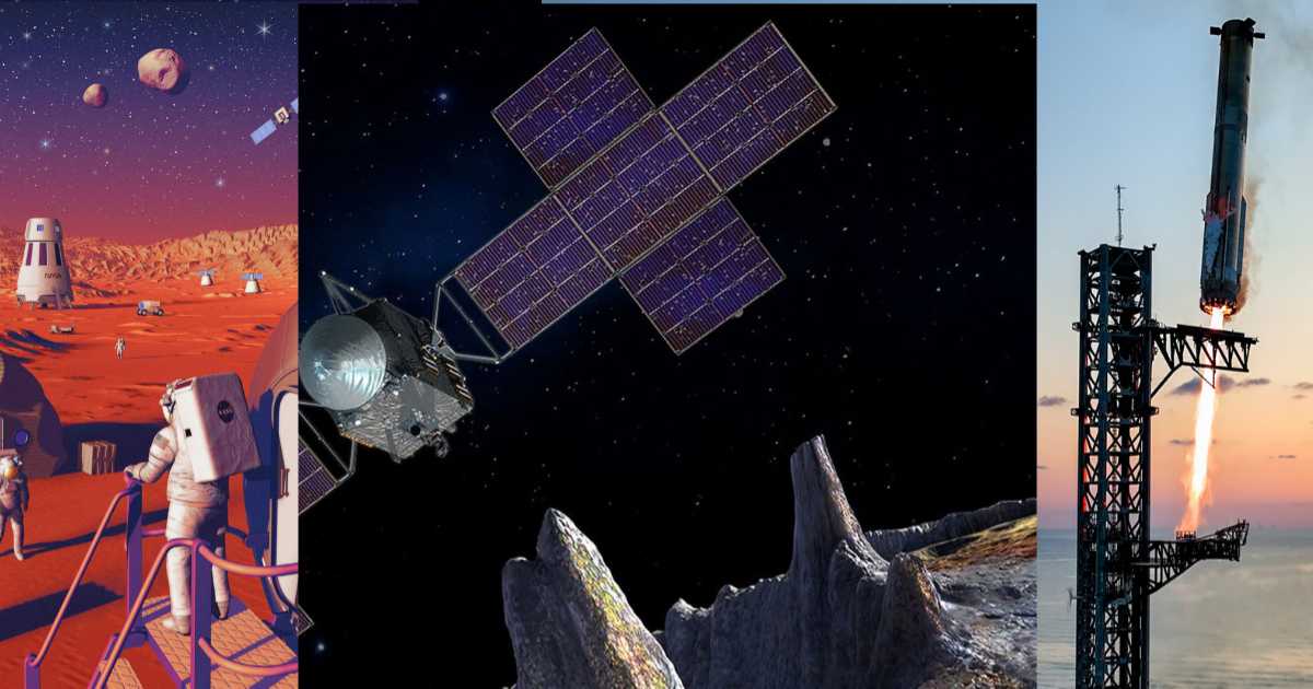 (from left) Illustration of a base on Mars; Artist’s concept of NASA’s Psyche spacecraft near Psyche asteroid; A SpaceX Super Heavy booster attempts a catch landing. (Representative Cover Image Source: NASA | JPL-Caltech | SpaceX)