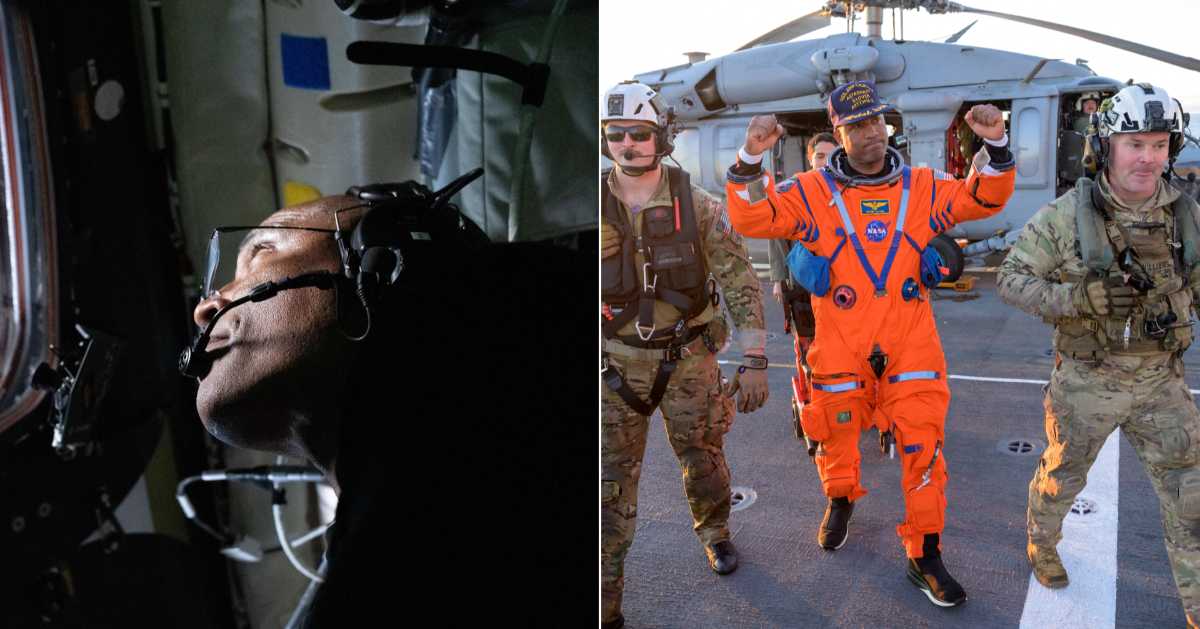 (L) Artemis II astronaut Victor Glover pictured inside Orion during the lunar flyby. (r) Glover on the USS John P. Murtha after splashdown. (Cover Image Source: NASA; NASA/Bill Ingalls) 