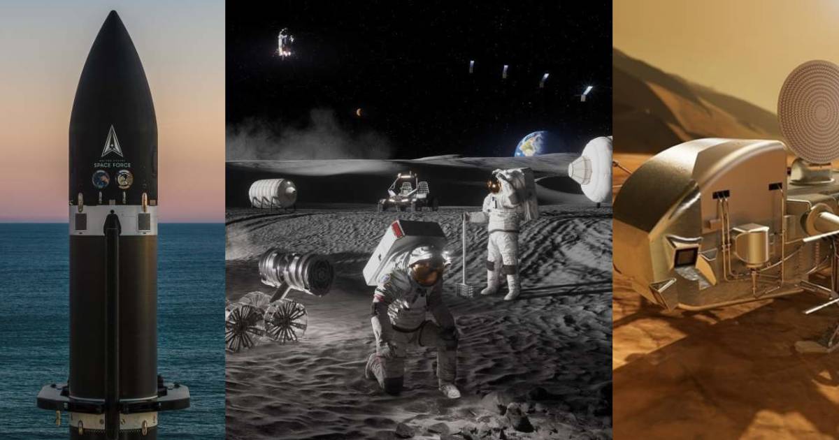 An Electron rocket; Artist’s rendering of Moon Base near the lunar south pole; Artist's concept of Dragonfly on the surface of Titan. (Cover Image Sources: Rocket Lab | NASA)
