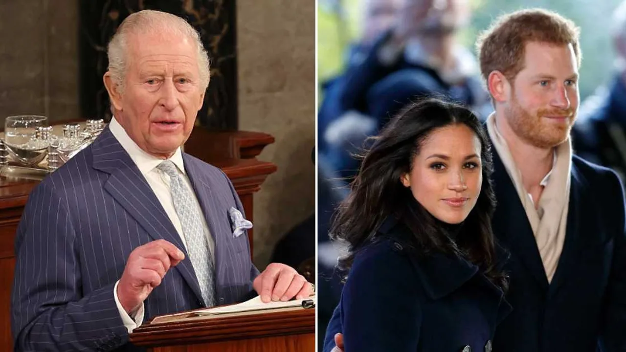 (L) King Charles addressing members of Congress; (R) Prince Harry and Meghan Markle attend a Terrence Higgins Trust World AIDS Day charity fair. Cover Image Source: Getty Images | (L) Chris Jackson; (R) Max Mumby/Indigo