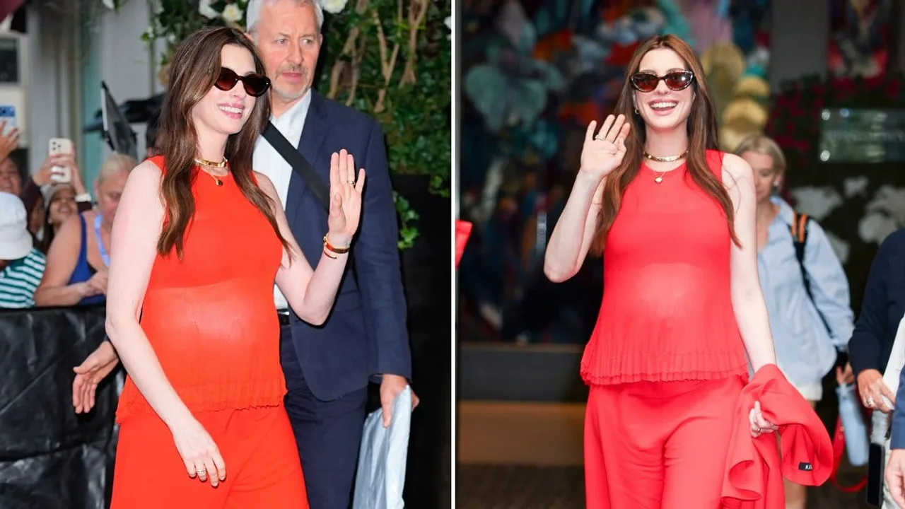 Anne Hathaway, 43, flaunts her baby bump in first public outing since announcing third pregnancy