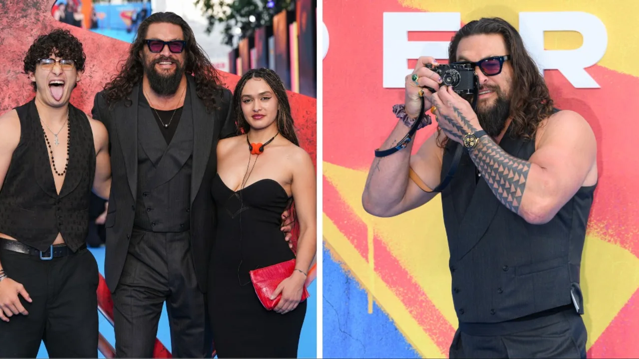 Jason Momoa turns photographer for his kids Lola and Nakoa-Wolf during rare red carpet outing at 'Supergirl' London event