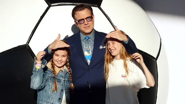 Jason Sudeikis shields his kids from the sun as they make red carpet debut during rare family outing at 'Ted Lasso' 4 premiere