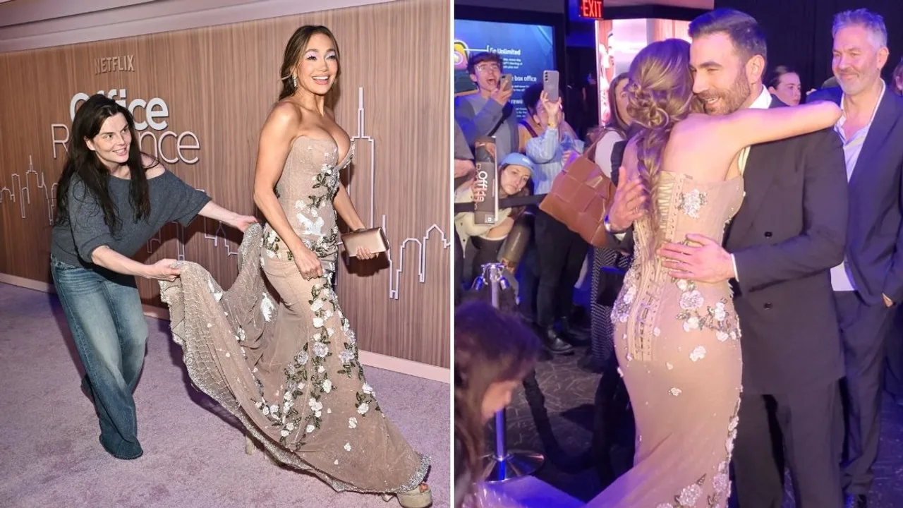 Jennifer Lopez rushes to hug co-star Brett Goldstein at 'Office Romance' NYC premiere