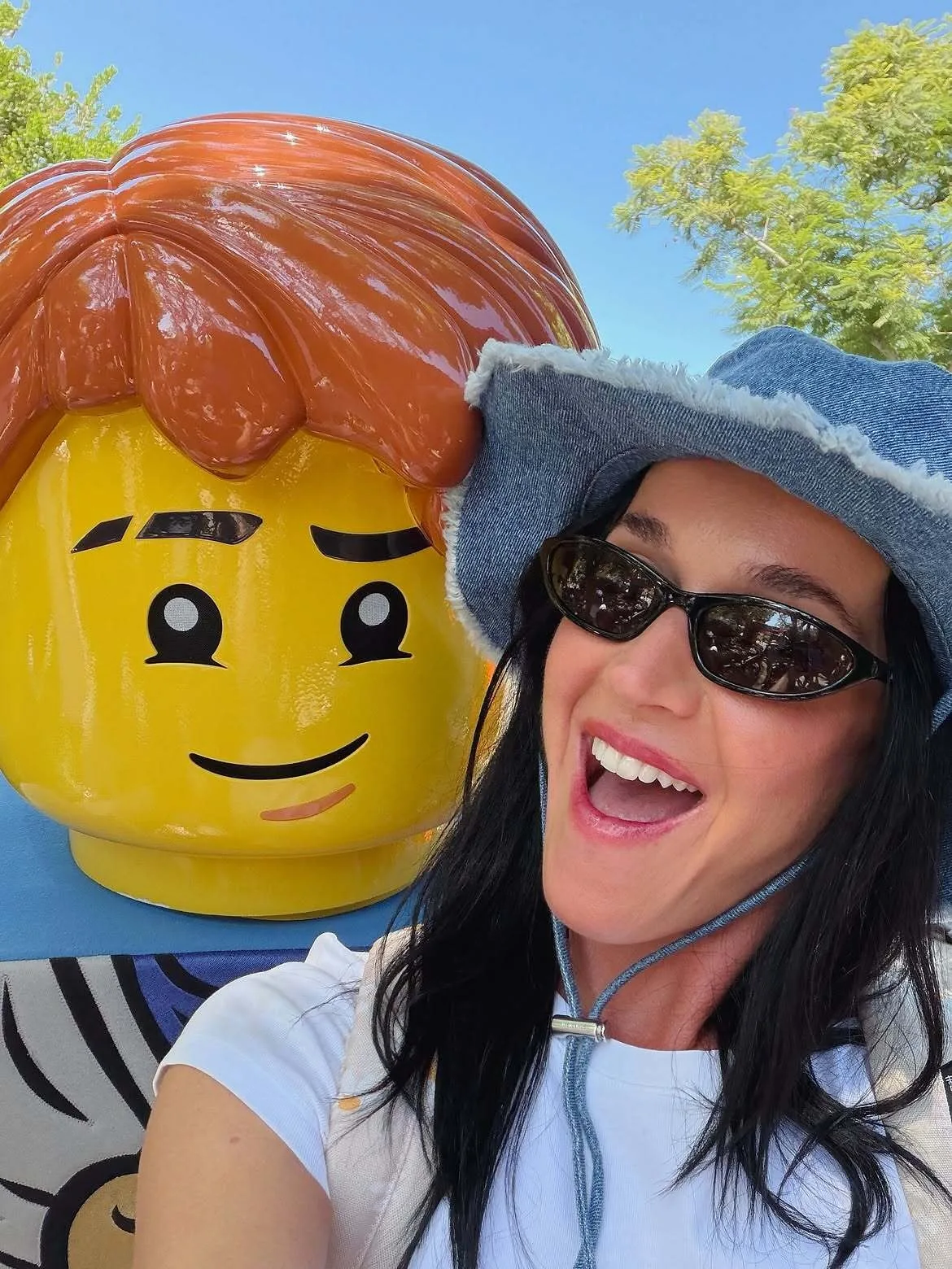 Katy Perry poses for a selfie with Lego man