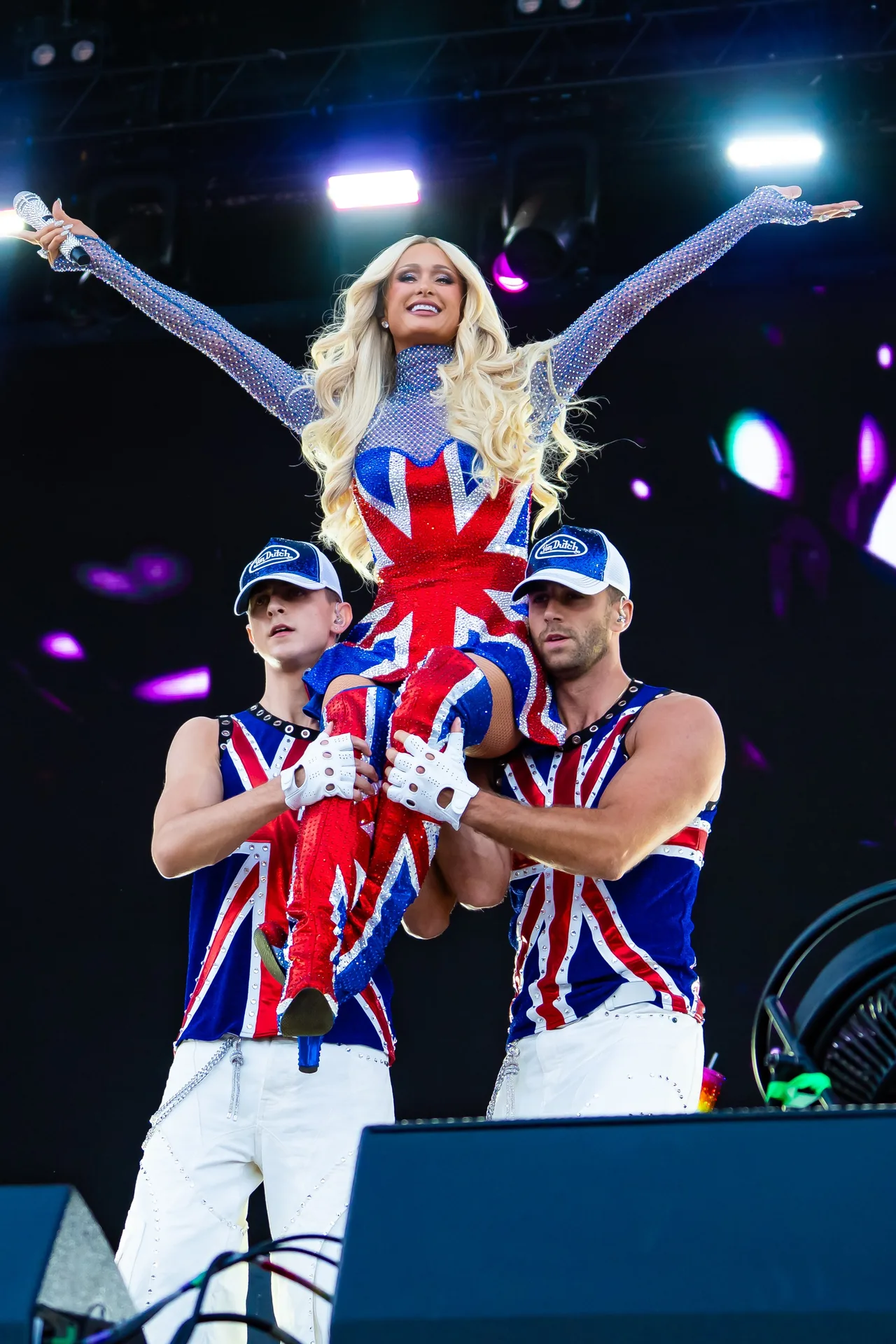 Paris Hilton's backup dancers match her Union Jack dress