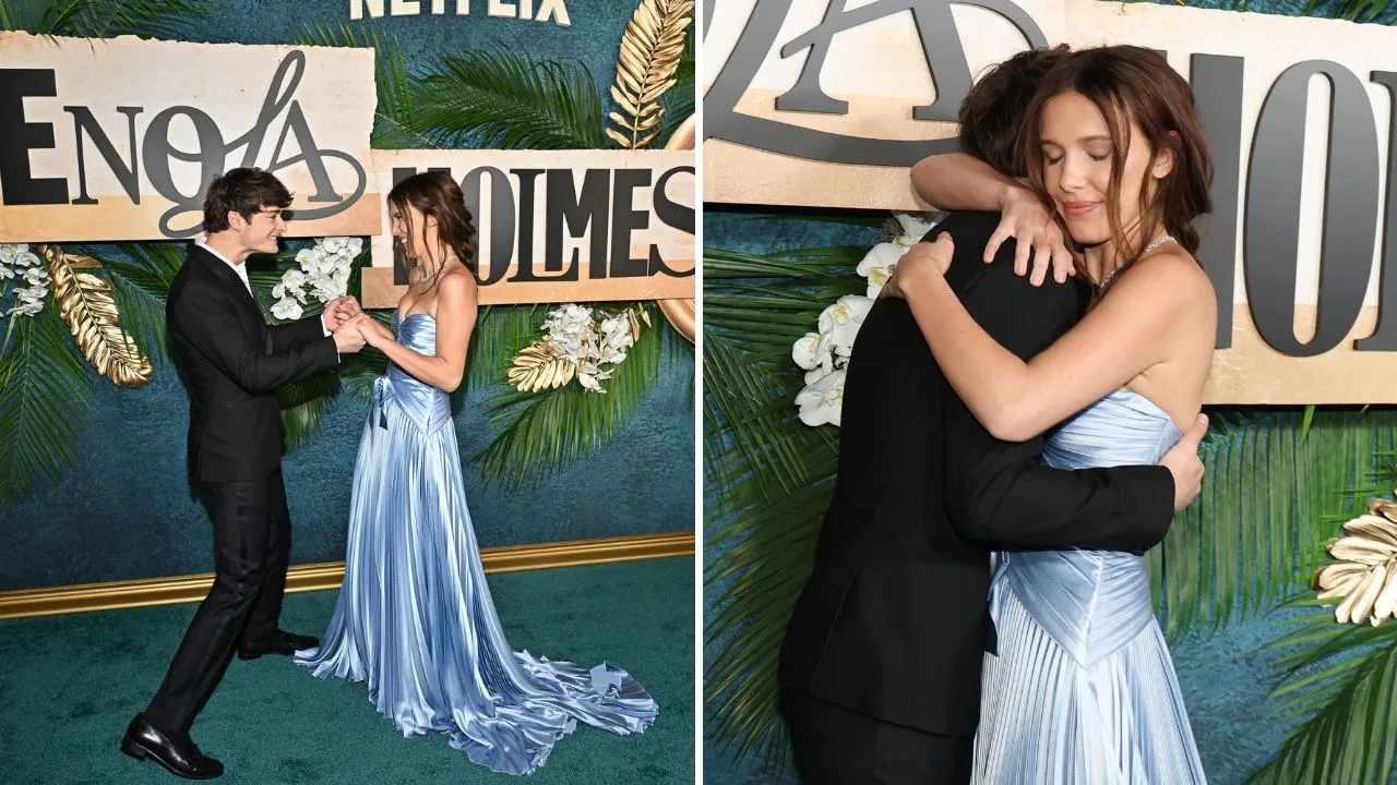 'Stranger Things' co-stars Millie Bobby Brown and Noah Schnapp have a heartfelt reunion at 'Enola Holmes 3' premiere