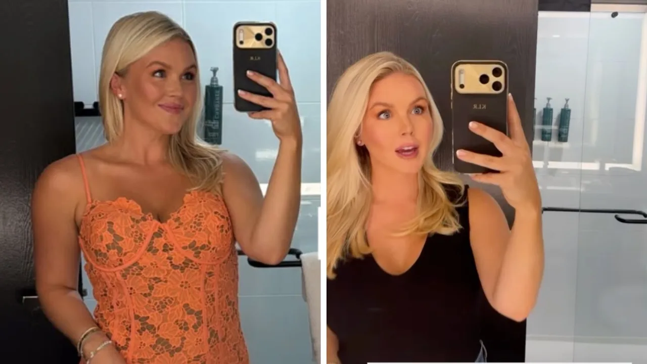 Karoline Leavitt dazzles in orange dress for wedding night out as unexpected guest crashes glam session