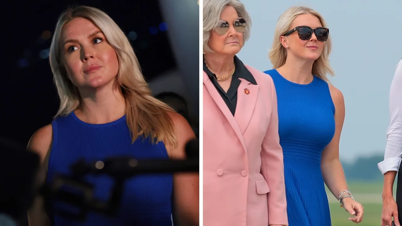 Karoline Leavitt stands out in cobalt blue midi dress as she joins Trump at Patriot Games