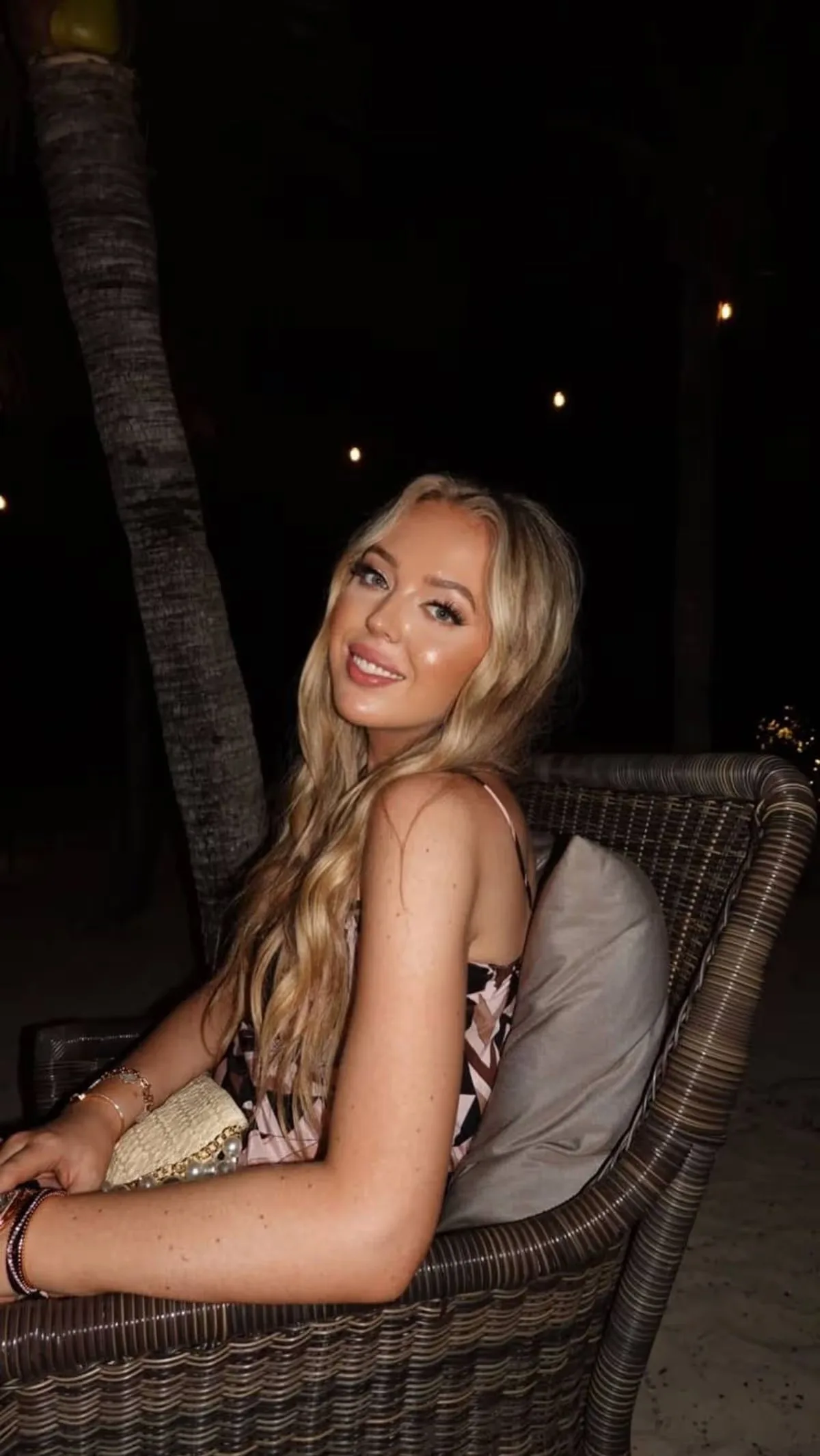Tiffany Trump glows in brown-patterned dress