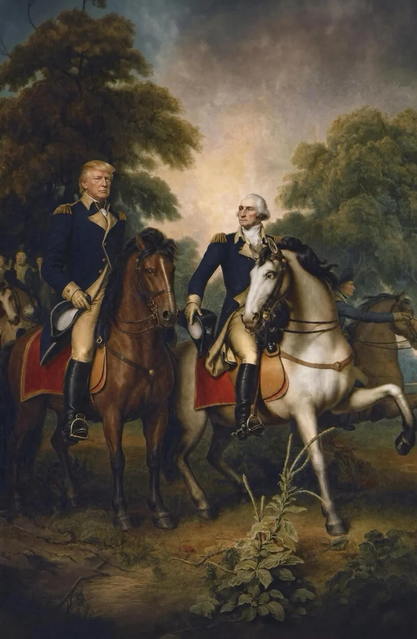 Trump imagines himself riding alongside George Washington