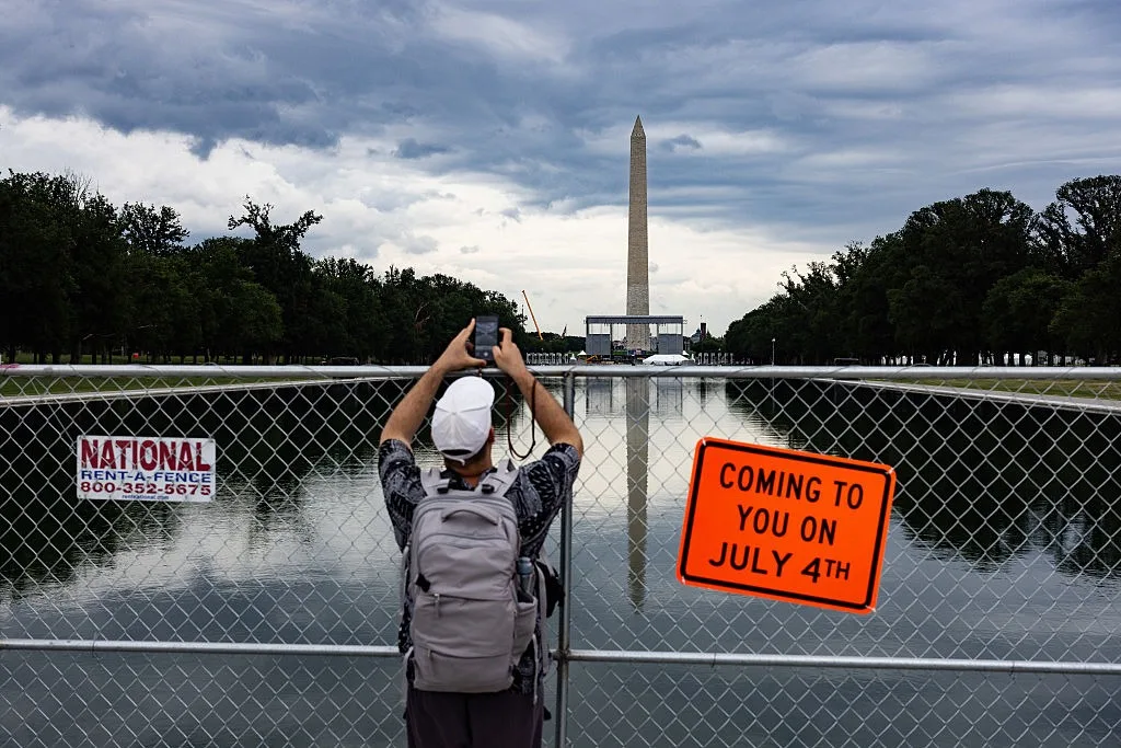 A fenced-off landmark ahead of reopening