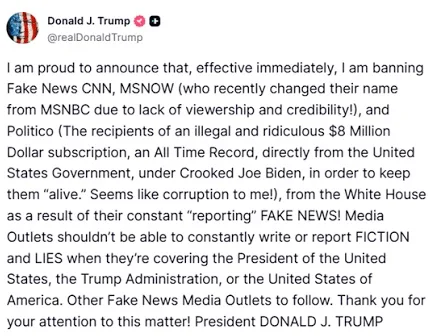 Trump announces ban on CNN, MS NOW and Politico