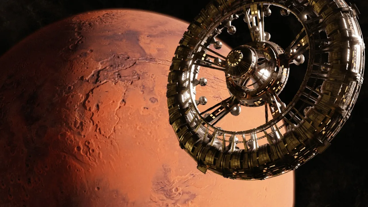 An artist's impression of a futuristic space station or starship in orbit of the red planet Mars. (Image Credit: Dottedhippo/Getty Images)
