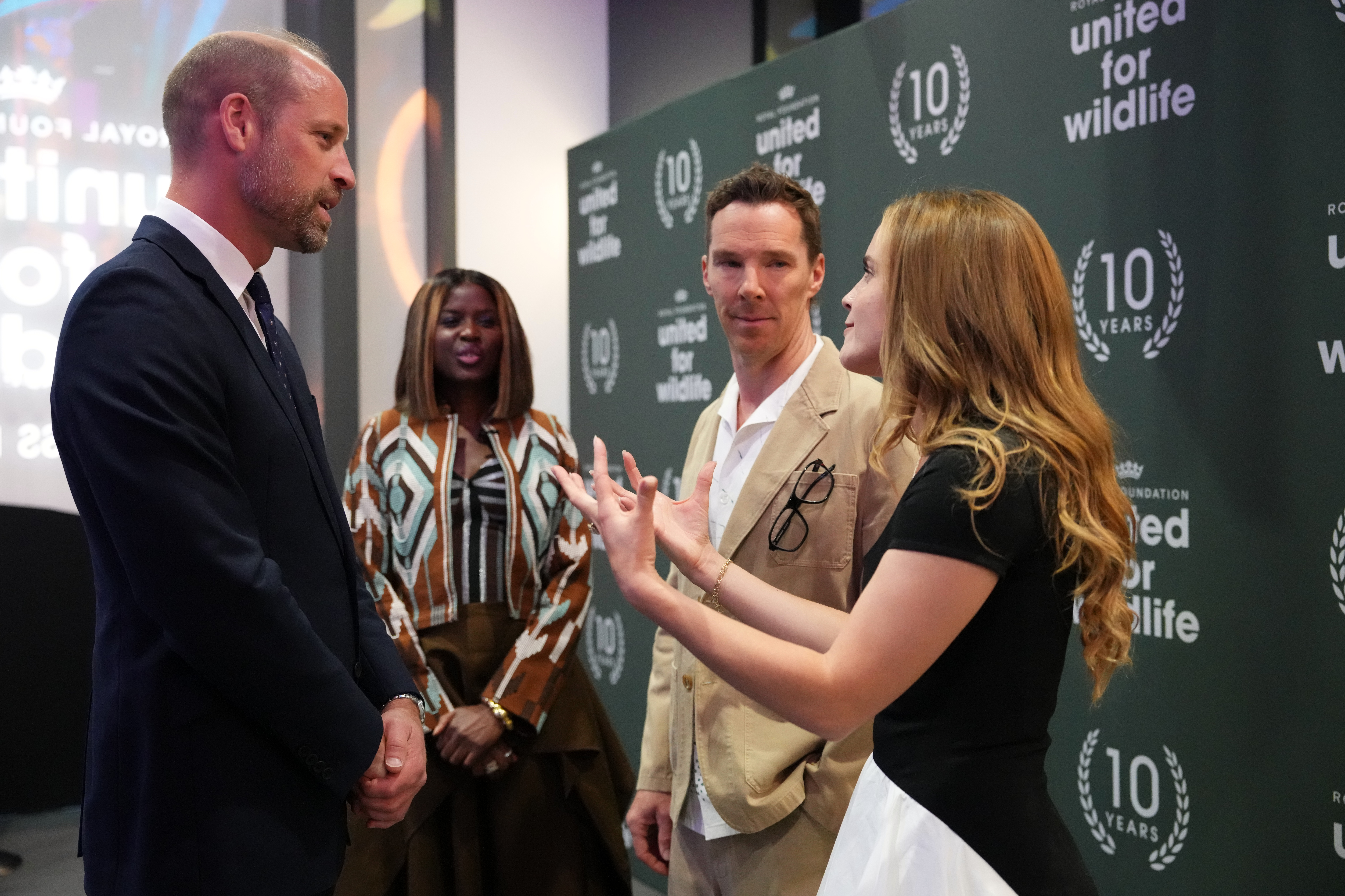 Prince William, the Prince of Wales, meets actress Emma Watson , actor Benedict Cumberbatch and broadcaster June Sarpong as he attends a landmark Business Forum for The Royal Foundation's United for...