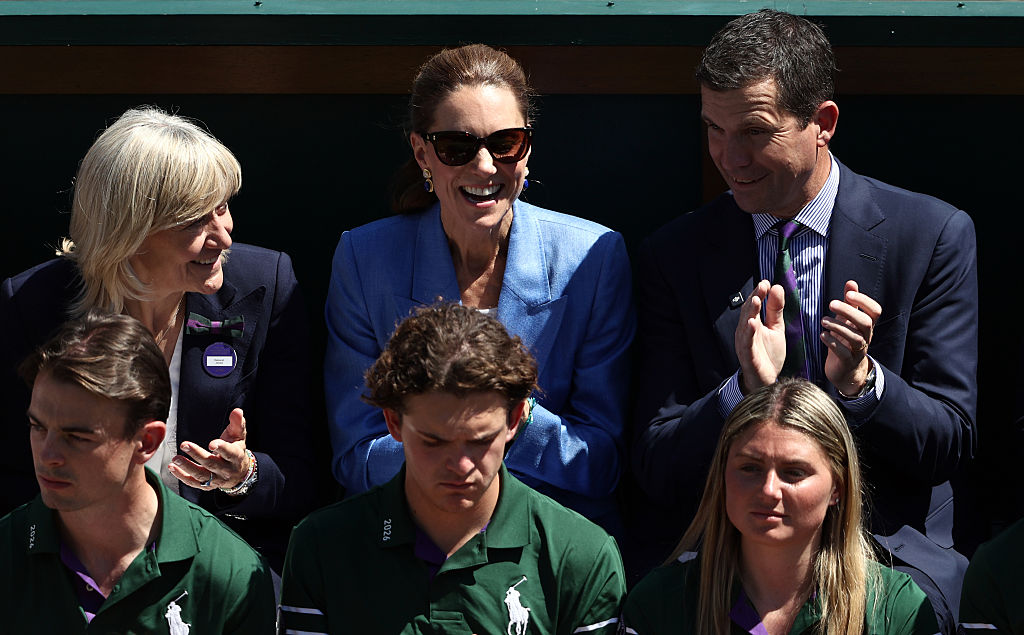 Catherine, Princess of Wales attends the Gentlemen's Singles second round match between Arthur Fery of Great Britain and Otto Virtanen of Finland with Deborah Jevans, Chair of AELTC, and Tim Henman...