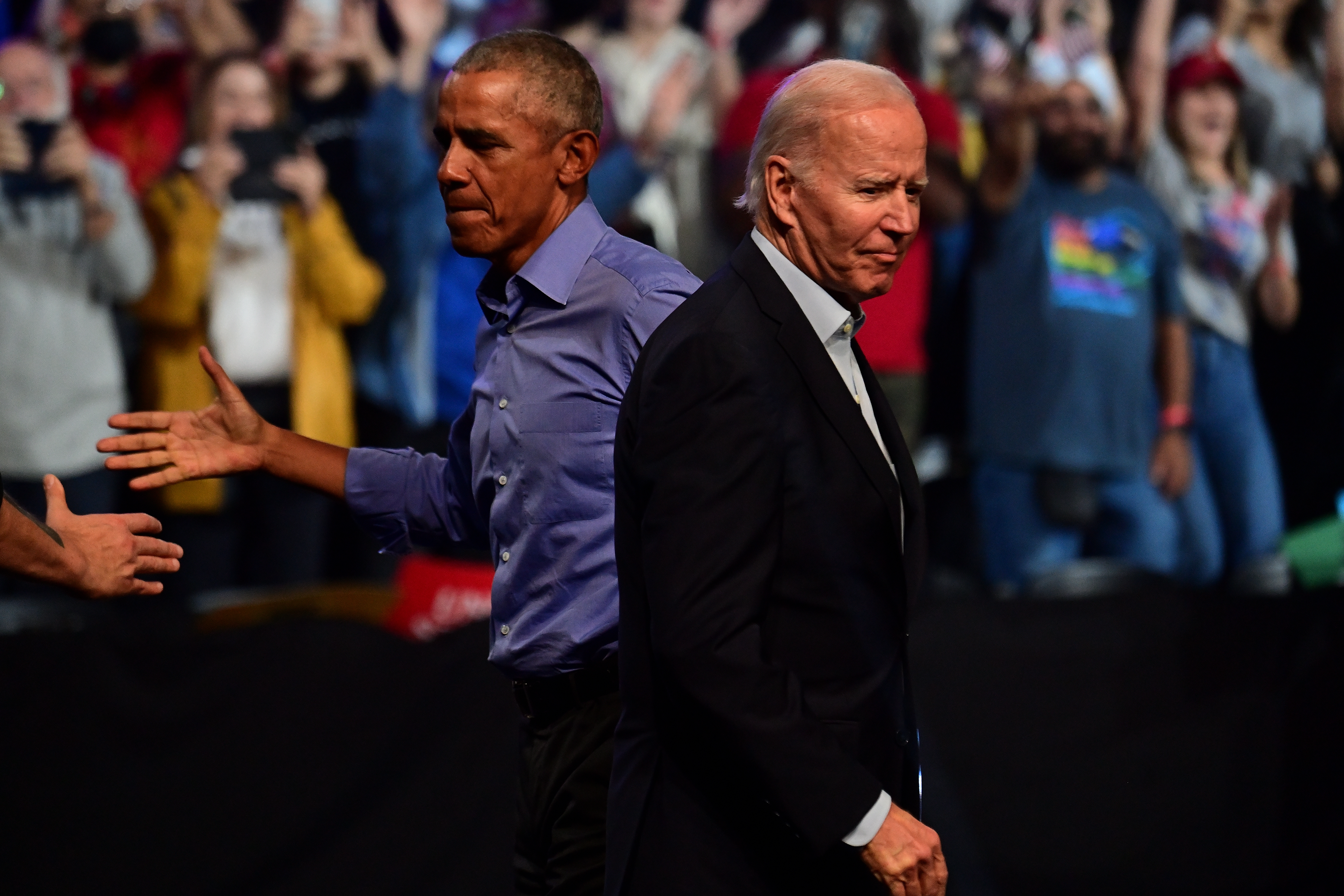 President Joe Biden (R) and former U.S. President Barack Obama (L) greet Democratic Senate nominee John Fetterman and Democratic gubernatorial nominee Josh Shapiro at the Liacouras Center on November 5, 2022 in Philadelphia, Pennsylvania. Fetterman will face Republican nominee Dr. Mehmet Oz as Shapiro faces Republican Doug Mastriano on November 8 in the midterm general election.
