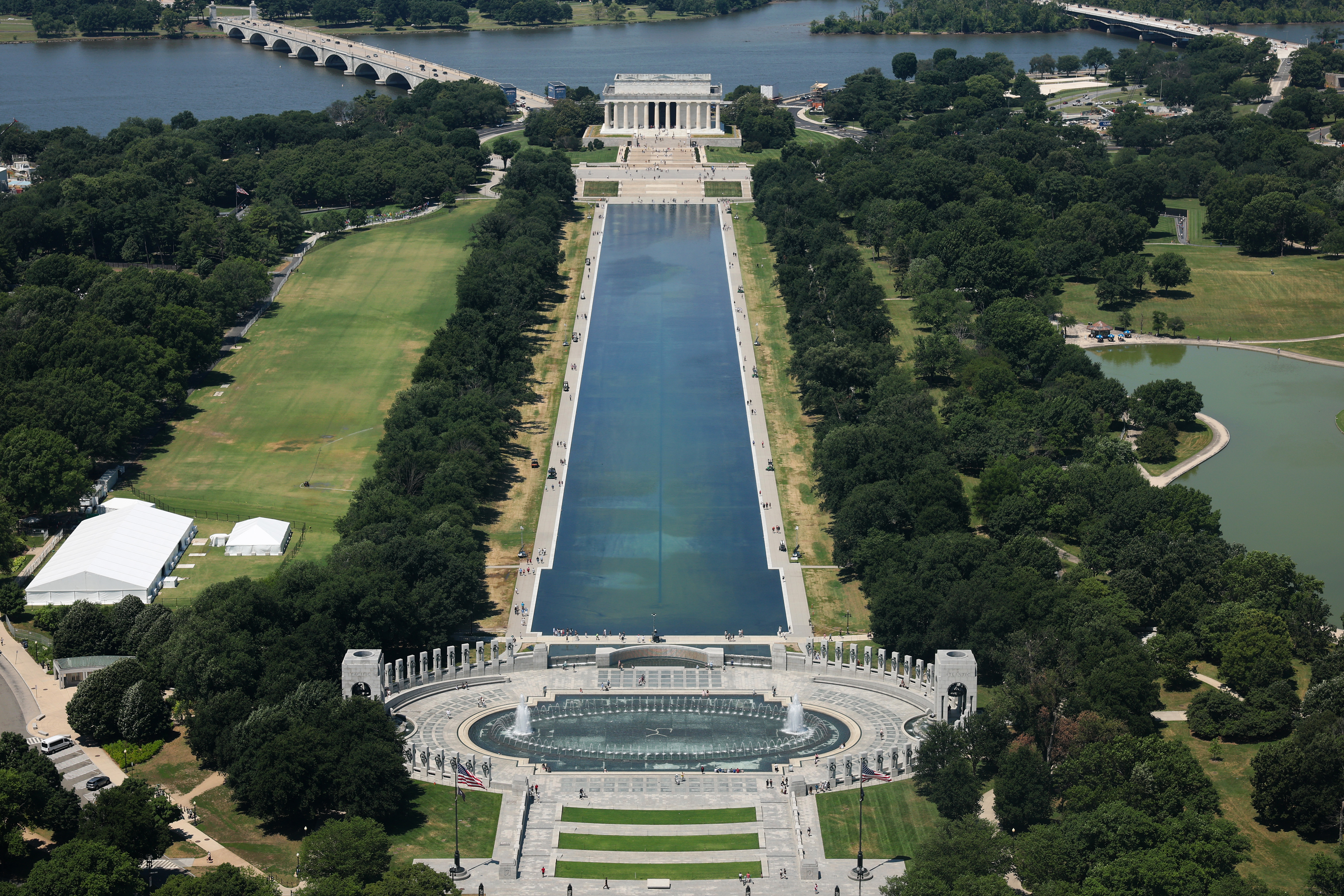 An aerial view of the Lincoln Memorial Reflecting Pool on the National Mall on June 25, 2026 in Washington, DC. Workers continue to clean algae from the reflecting pool amid an increased law...