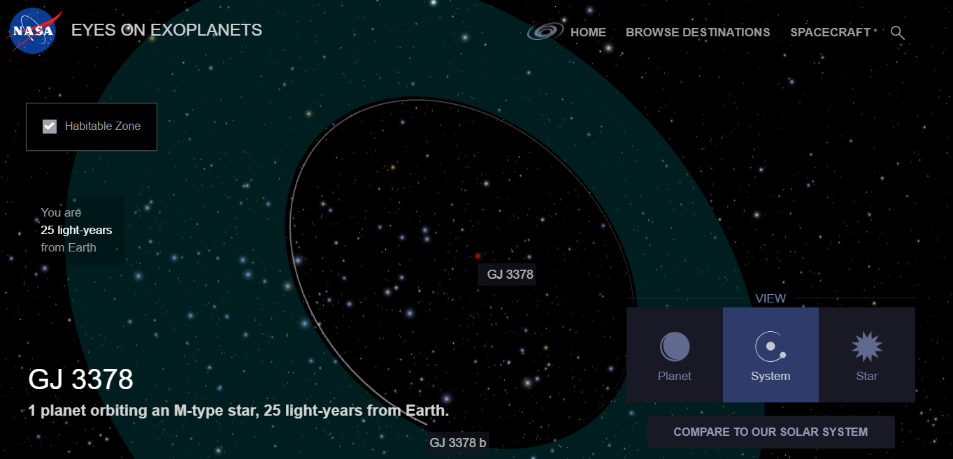 A screengrab from NASA's exoplanet catalog page showing the star system of GJ 3378b planet, discovered in 2026. (Image Source: NASA| EyesOn Exoplanet)