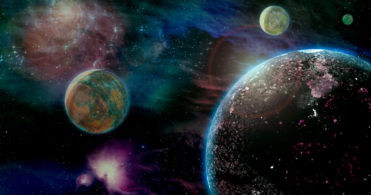 Computer generated fantasy image of a planet with three moons with gaseous nebula in the background