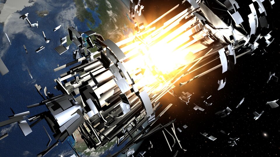 An artist's impression of a rocket body explosion in Earth orbit.