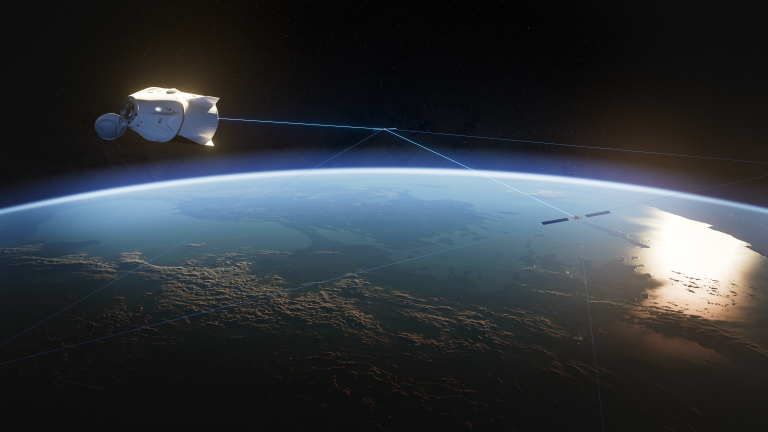 An artist’s concept of SpaceX’s commercial satellite relay demonstration using the Dragon spacecraft and Starlink network.