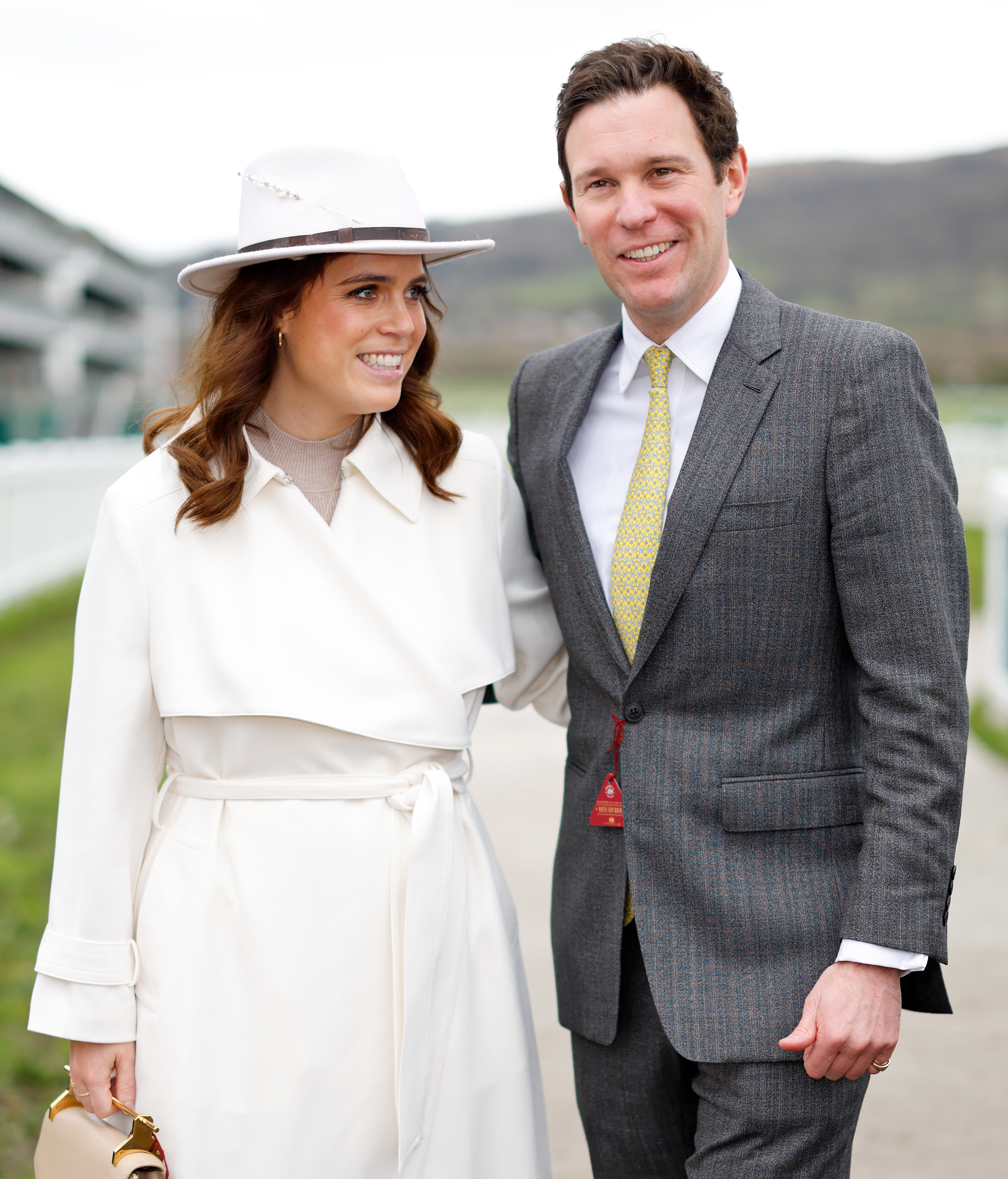 CHELTENHAM, UNITED KINGDOM - MARCH 13: (EMBARGOED FOR PUBLICATION IN UK NEWSPAPERS UNTIL 24 HOURS AFTER CREATE DATE AND TIME) Princess Eugenie and Jack Brooksbank attend day 2 'Style Wednesday' of the Cheltenham Festival at Cheltenham Racecourse on March 13, 2024 in Cheltenham, England. This year organisers at the Cheltenham Festival have decided to re-style the traditional Ladies Day Meet calling it Style Wednesday. (Photo by Max Mumby/Indigo/Getty Images)