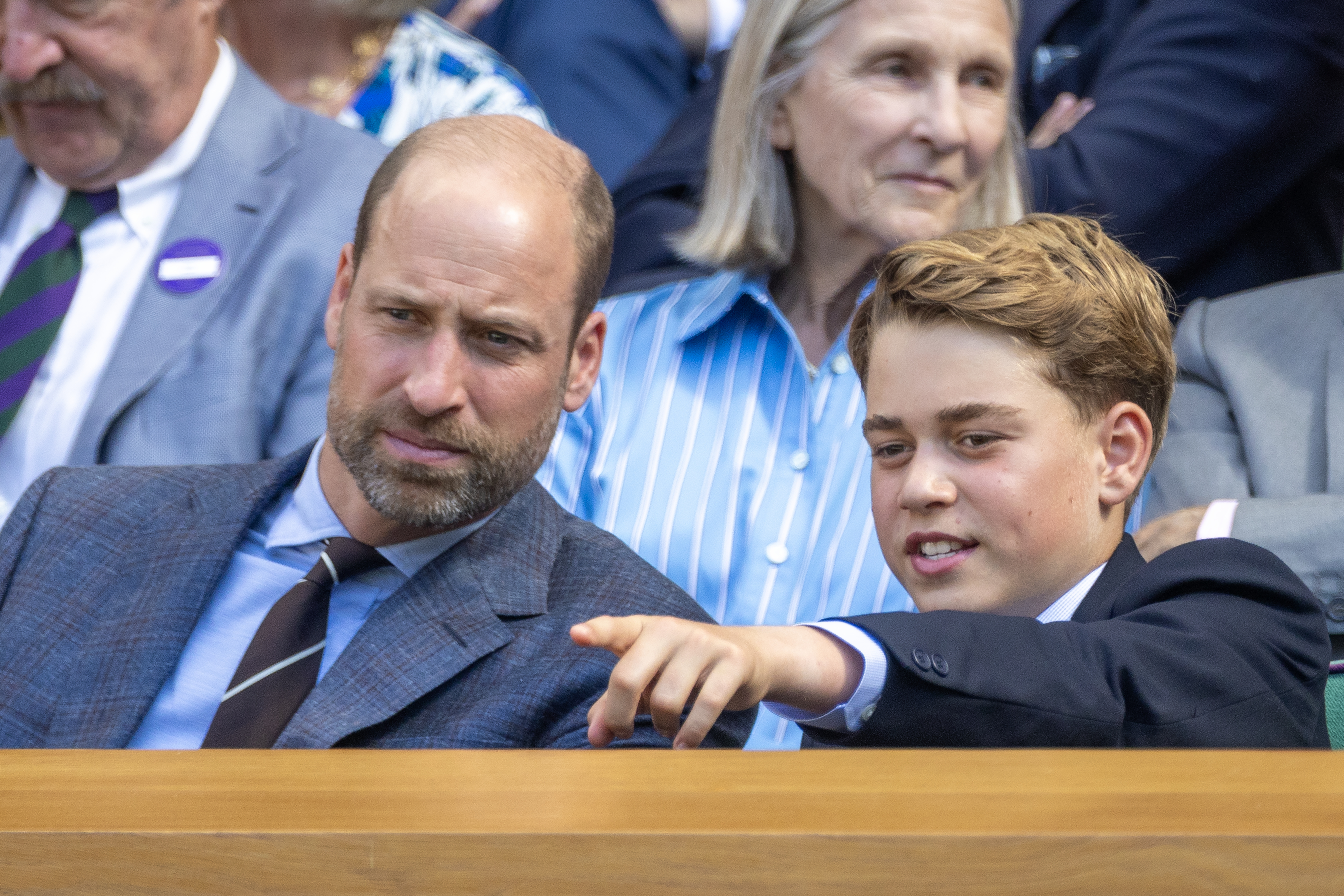 LONDON, ENGLAND - July 12: HRH Prince William, the Prince of Wales, with Prince George in the Royal Box as Jannik Sinner of Italy plays against Alexander Zverev of Germany in the Gentlemen's Singles Final on Centre Court at the All England Lawn Tennis and Croquet Club during the Wimbledon Lawn Tennis Championships on July 12th, 2026, in London, England. (Photo by Tim Clayton/Getty Images)