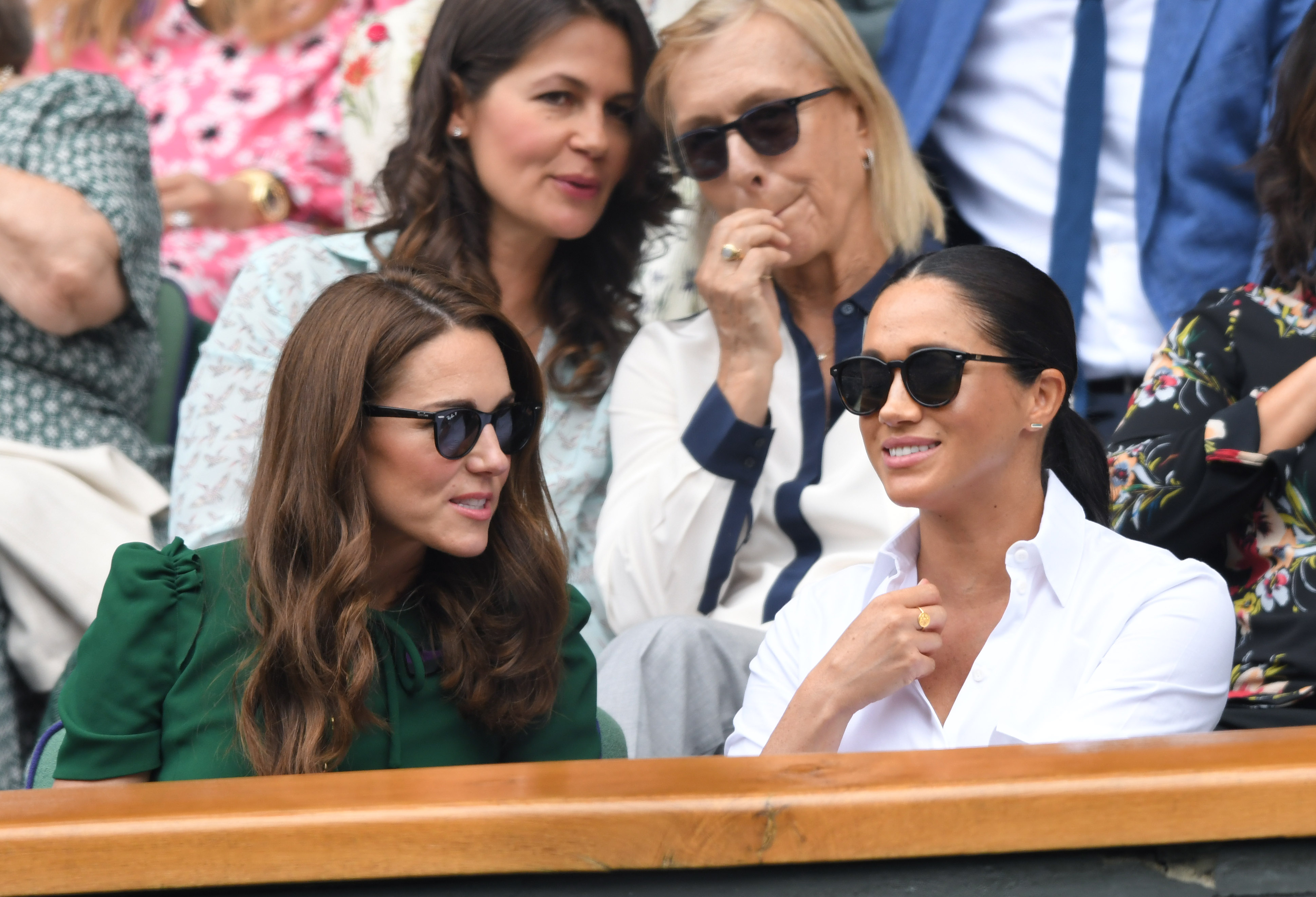 LONDON, ENGLAND - JULY 13: Catherine, Duchess of Cambridge and Meghan, Duchess of Sussex in the Royal Box on Centre Court during day twelve of the Wimbledon Tennis Championships at All England Lawn Tennis and Croquet Club on July 13, 2019 in London, England. (Photo by Karwai Tang/Getty Images)