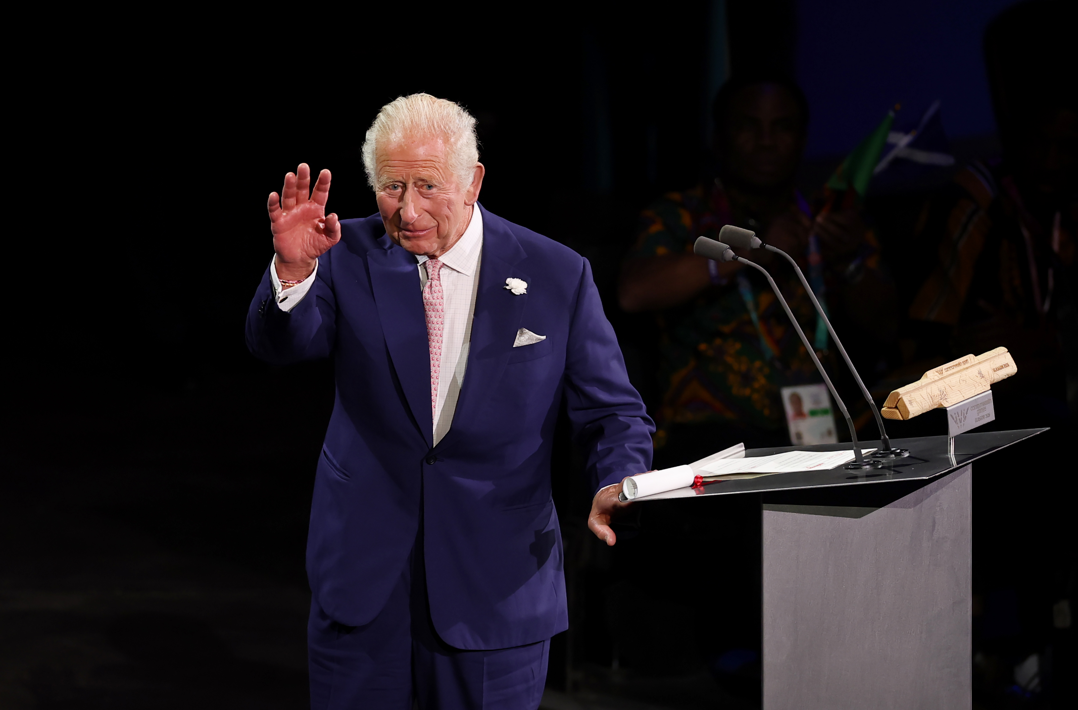 GLASGOW, SCOTLAND - JULY 23: King Charles III waves and declares the Games open during the opening ceremony ahead of the Glasgow 2026 Commonwealth Games at The Hydro on July 23, 2026 in Glasgow, Scotland. (Photo by Lintao Zhang/Getty Images)