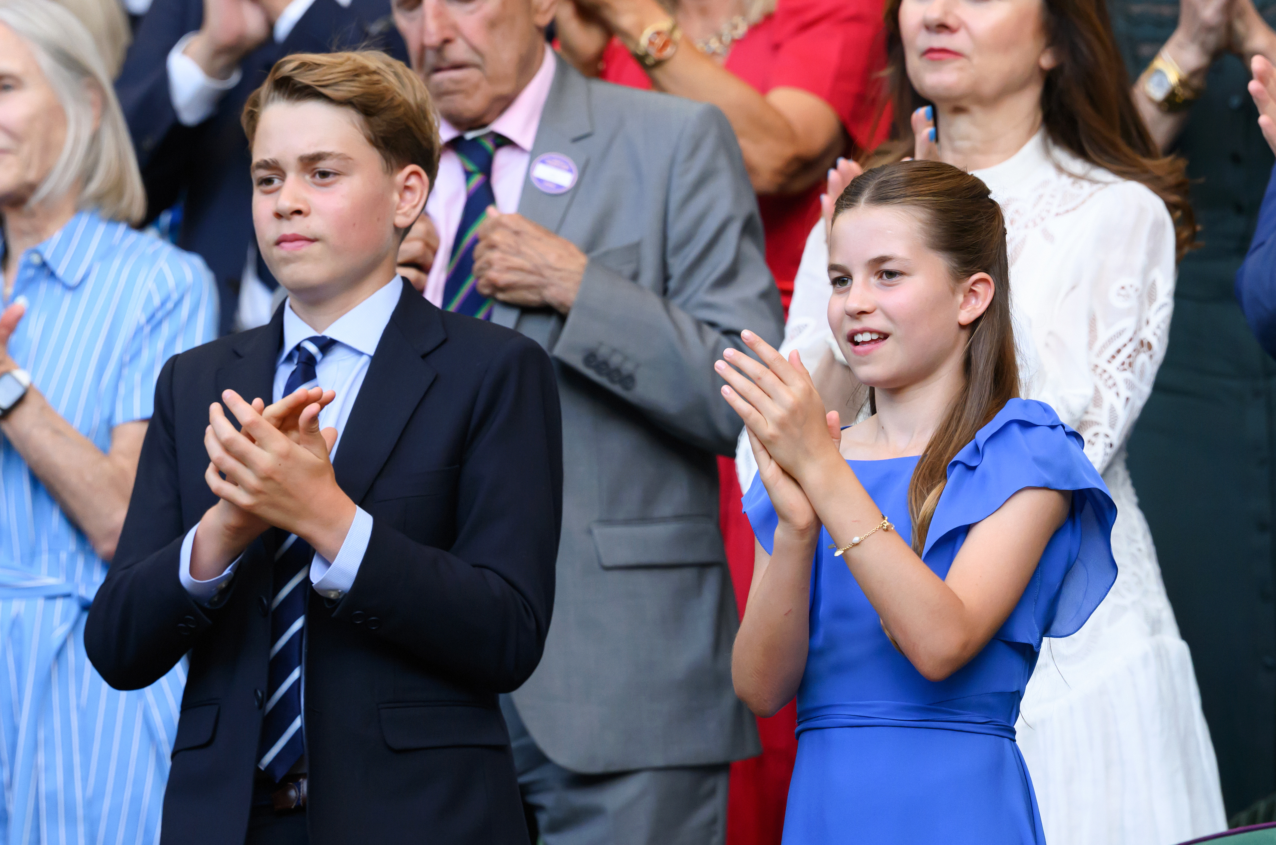 LONDON, ENGLAND - JULY 12: Prince George of Wales and Princess Charlotte of Wales attend day fourteen of the 2026 Wimbledon Tennis Championships at All England Lawn Tennis and Croquet Club on July 12, 2026 in London, England. (Photo by Karwai Tang/WireImage)