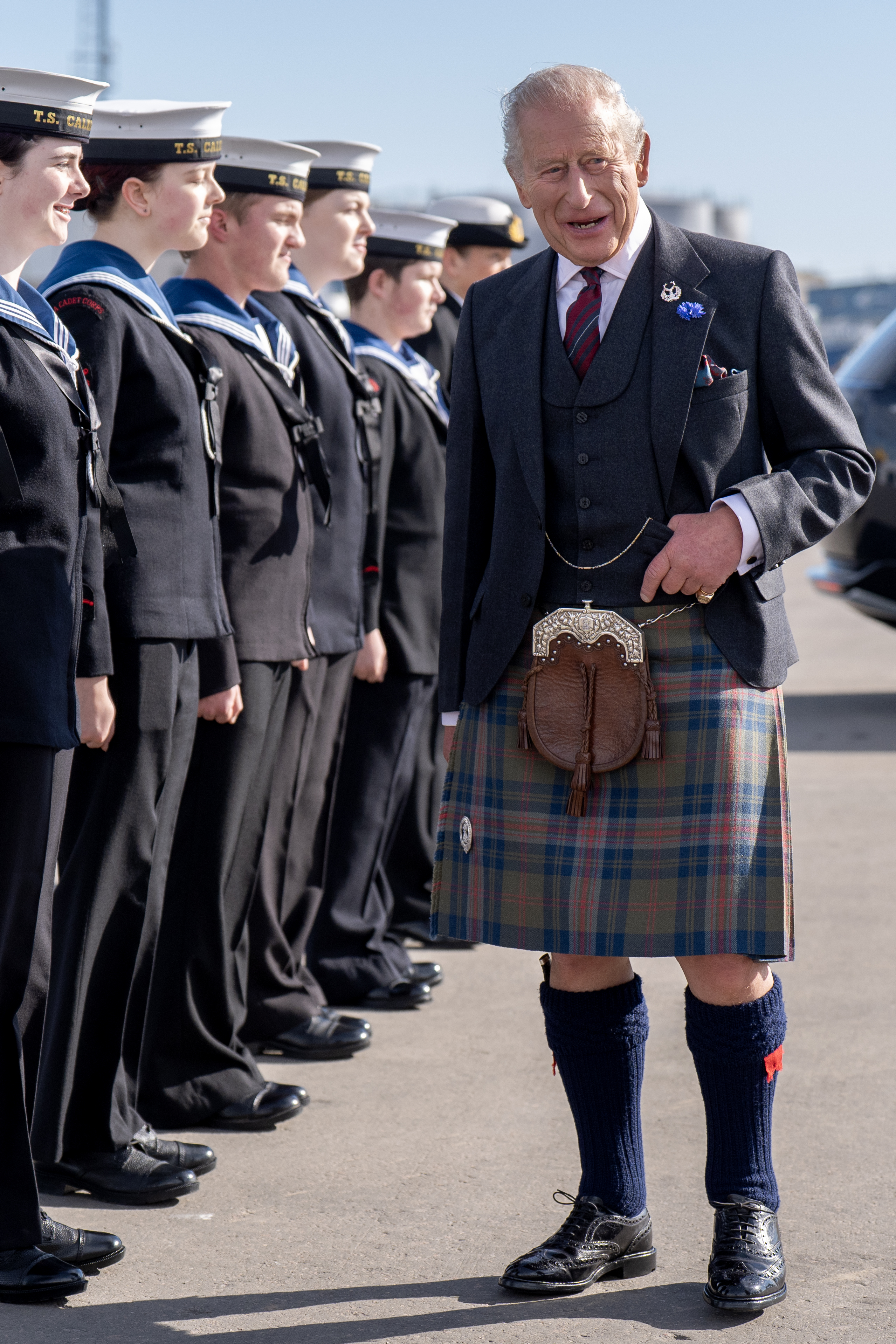 ABERDEEN, SCOTLAND - SEPTEMBER 22: King Charles III meets members of the Sea Cadets during a visit to Peterhead Port to meet organisations involved in the area's local energy ecosystem, which is helping to drive the UK's transition to clean and renewable energy on September 22, 2026 in Aberdeen, Scotland. (Photo by Jane Barlow - Pool/Getty Images)