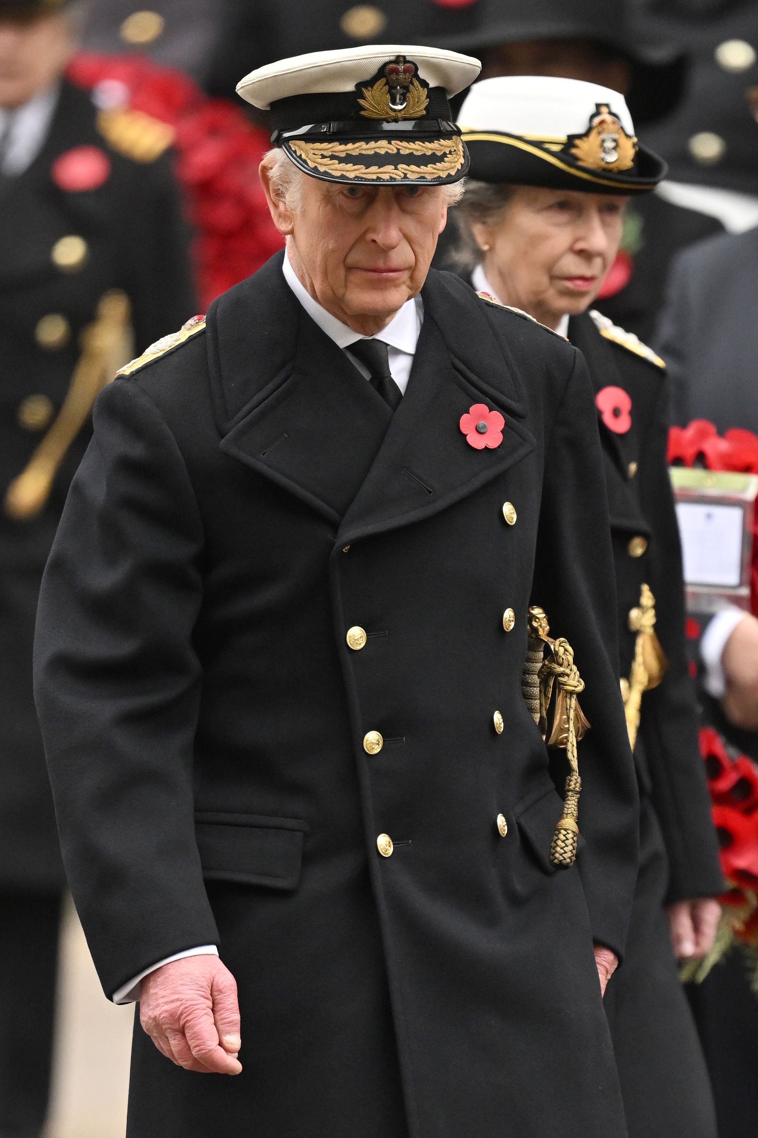 LONDON, ENGLAND - NOVEMBER 10: King Charles III and Princess Anne, Princess Royal during the Service Of Remembrance at The Cenotaph on November 10, 2024 in London, England.  Each year members of the British Royal Family join politicians, veterans and