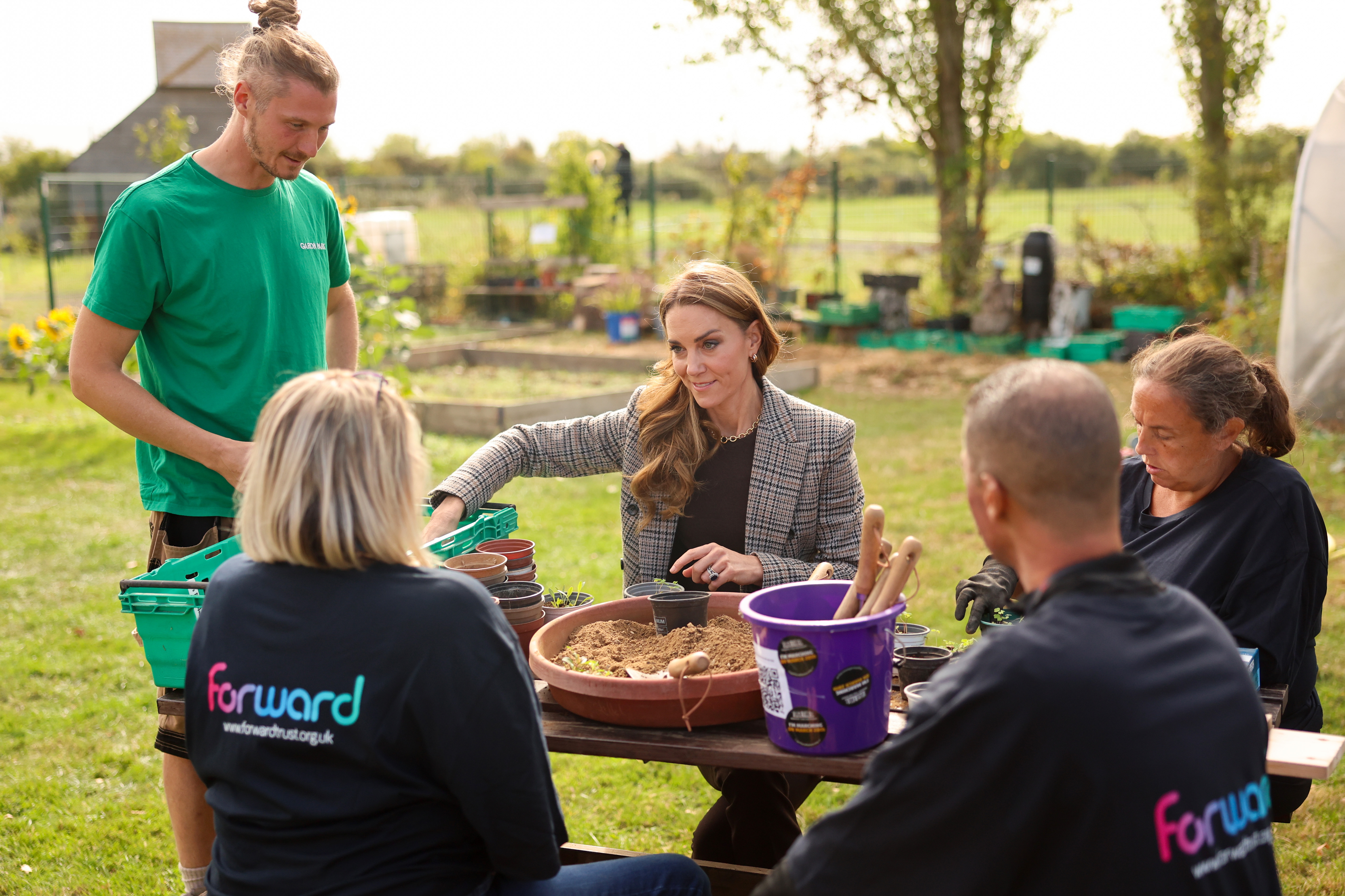 SOUTHEND, ENGLAND - SEPTEMBER 24: Catherine, Princess of Wales takes part in a gardening session during a visit to The Forward Trust to mark Addiction Awareness Week on September 24, 2026 in Southend, England. The Forward Trust supports people as they recover from addiction with the aim of helping them rebuild their lives. The Princess of Wales has been a patron of the charity since 2021. (Photo by Chris Jackson/Getty Images)