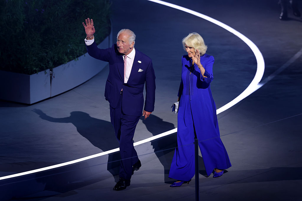 GLASGOW, SCOTLAND - JULY 23: King Charles III and Queen Camilla wave during the opening ceremony ahead of the Glasgow 2026 Commonwealth Games at The Hydro on July 23, 2026 in Glasgow, Scotland. (Photo by Lintao Zhang/Getty Images)