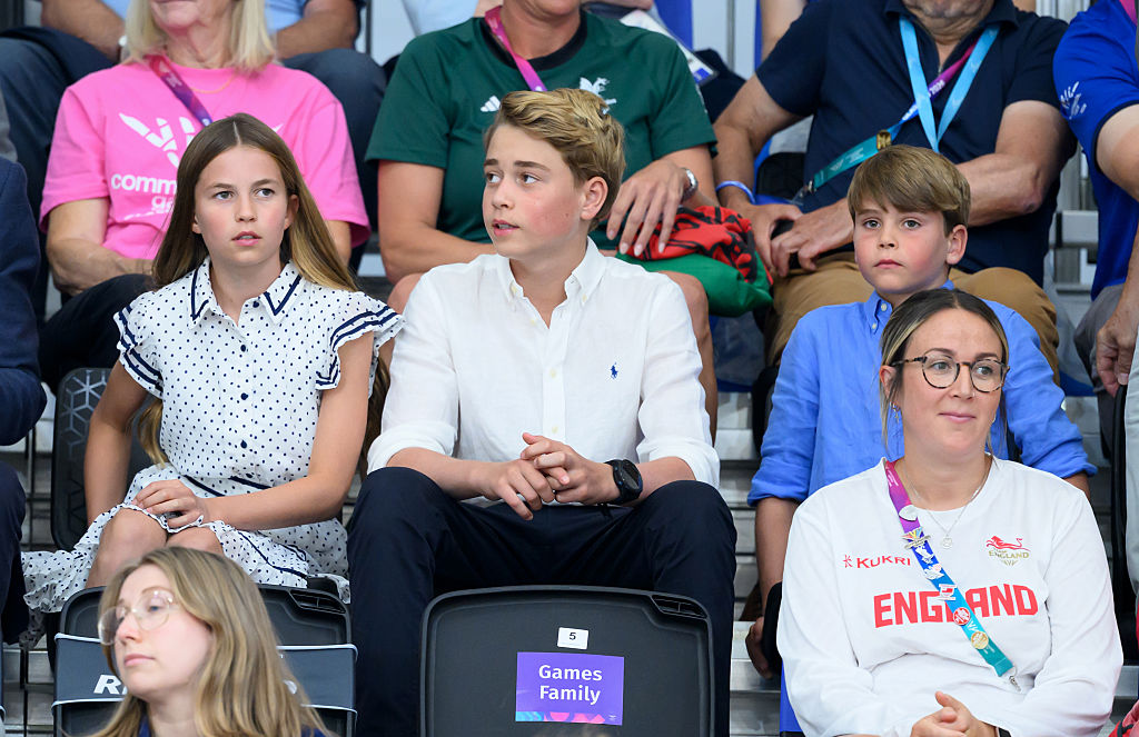 Princess Charlotte of Wales, Prince George of Wales and Prince Louis of Wales watch during the 2026 Commonwealth Games at the Sir Chris Hoy Velodrome on August 01, 2026, in Glasgow, Scotland.  (Image Source: Getty Images | Karwai Tang/WireImage)