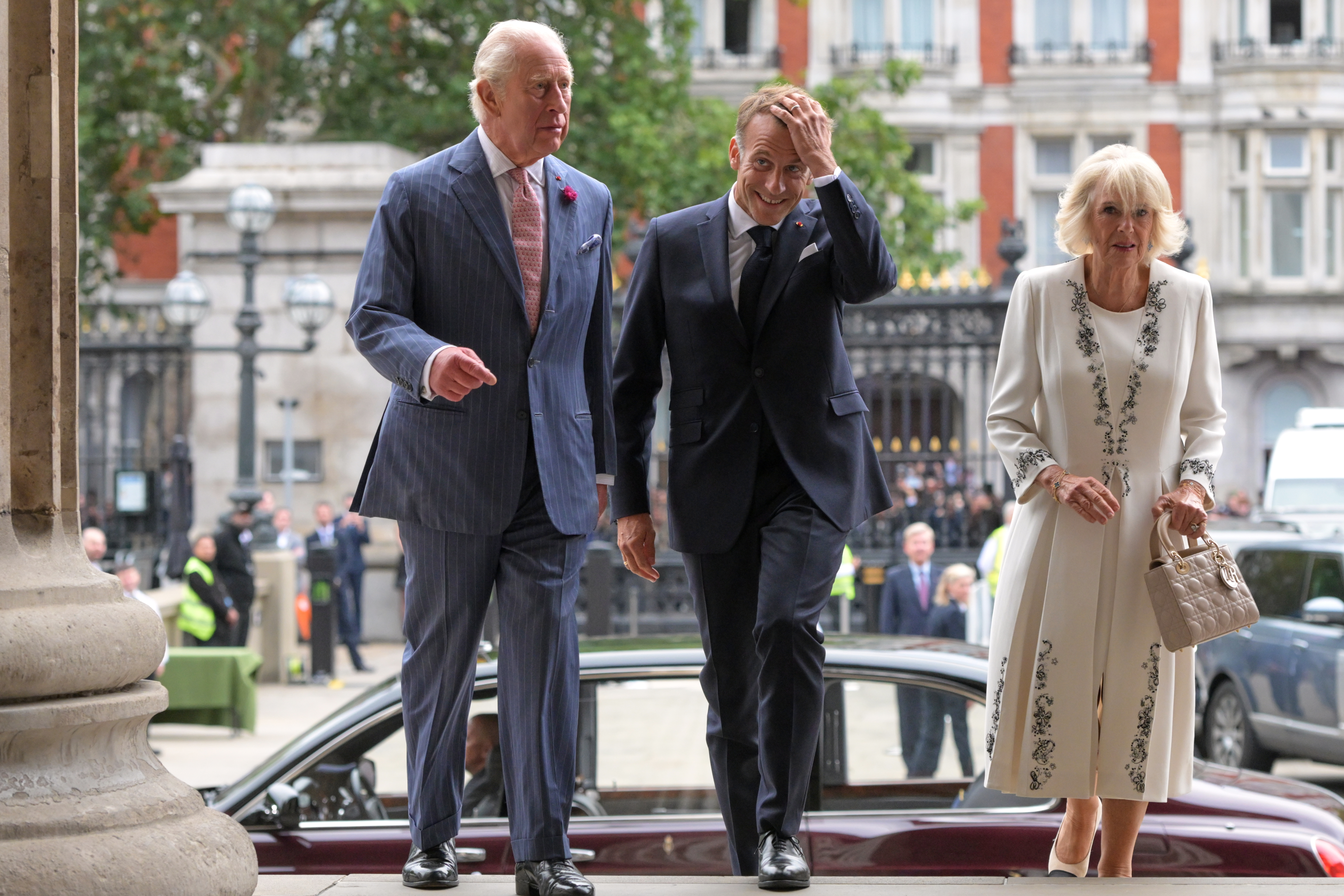 Britain's King Charles III, Emmanuel Macron, President of France, and Queen Camilla arrive to view the Bayeux Tapestry at the British Museum in London, Wednesday, Sept. 2, 2026. (AP Photo/Thomas Krych, Pool)