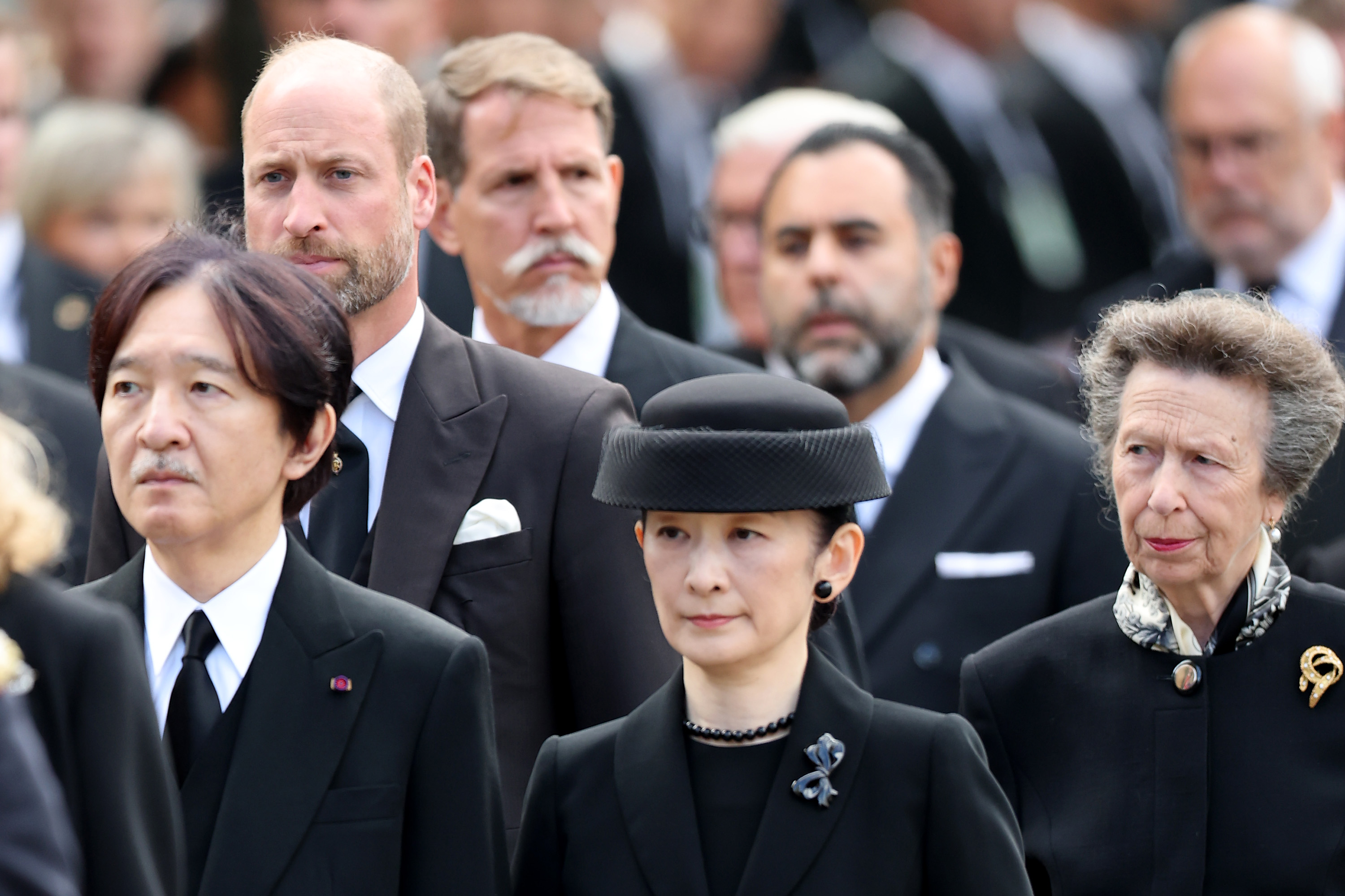 OSLO, NORWAY - SEPTEMBER 09: Prince William, Prince of Wales, Princess Anne, Princess Royal, Crown Prince Akishino and Princess Kiko during the funeral of King Harald V of Norway on September 09, 2026 in Oslo, Norway. Born on February 21, 1937, King Harald V of Norway was the first Norwegian-born monarch to inherit the Norwegian throne in over 600 years, reigning from 1991 until his death on August 28, 2026. He represented Norway in sailing at three Olympic Games and, in 1968, married Sonja Haraldsen, breaking with royal convention by marrying a non-royal. The couple had two children, and he was succeeded by his son, King Haakon VIII of Norway. (Photo by Chris Jackson/Getty Images)