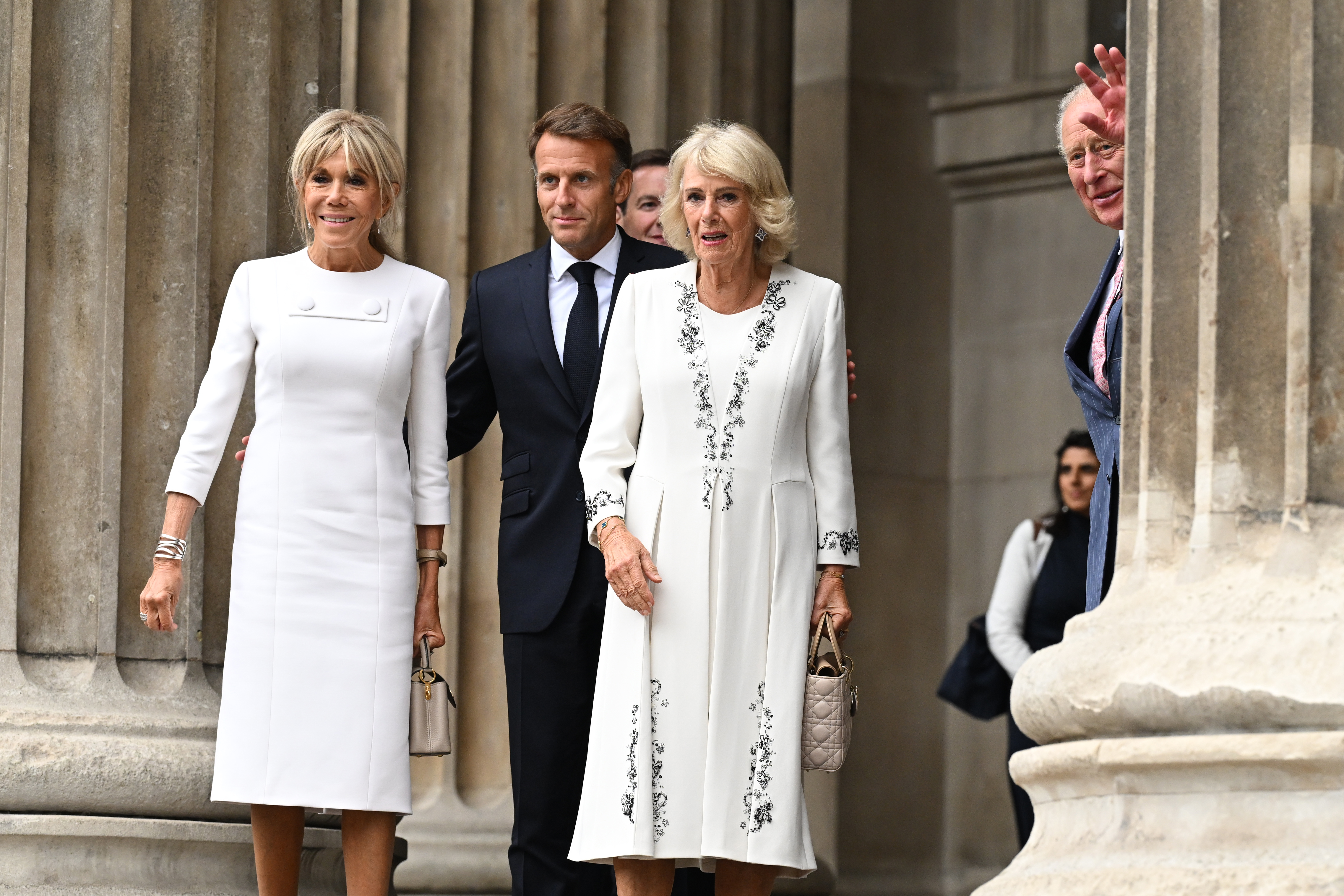 LONDON, ENGLAND - SEPTEMBER 2: France's President Emmanuel Macron (2,L) and his wife Brigitte Macron (L) arrive with Britain's King Charles III (R) and Queen Camilla (2nd, R) to attend a viewing of the Bayeux Tapestry Exhibition at British Museum on September 2, 2026 in London, England. The tapestry, which depicts events leading up to the Norman Conquest of England in 1066, has been loaned by France to the UK for the first time since it was made nearly 1,000 years ago, following a historic agreement between the United Kingdom and France. (Photo by Leon Neal/Getty Images)