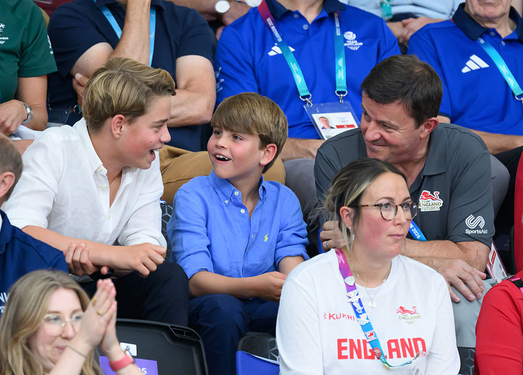 GLASGOW, SCOTLAND - AUGUST 01: Prince George of Wales and Prince Louis of Wales watch the track cycling during the 2026 Commonwealth Games at the Sir Chris Hoy Velodrome on August 01, 2026 in Glasgow, Scotland.  (Photo by Karwai Tang/WireImage)