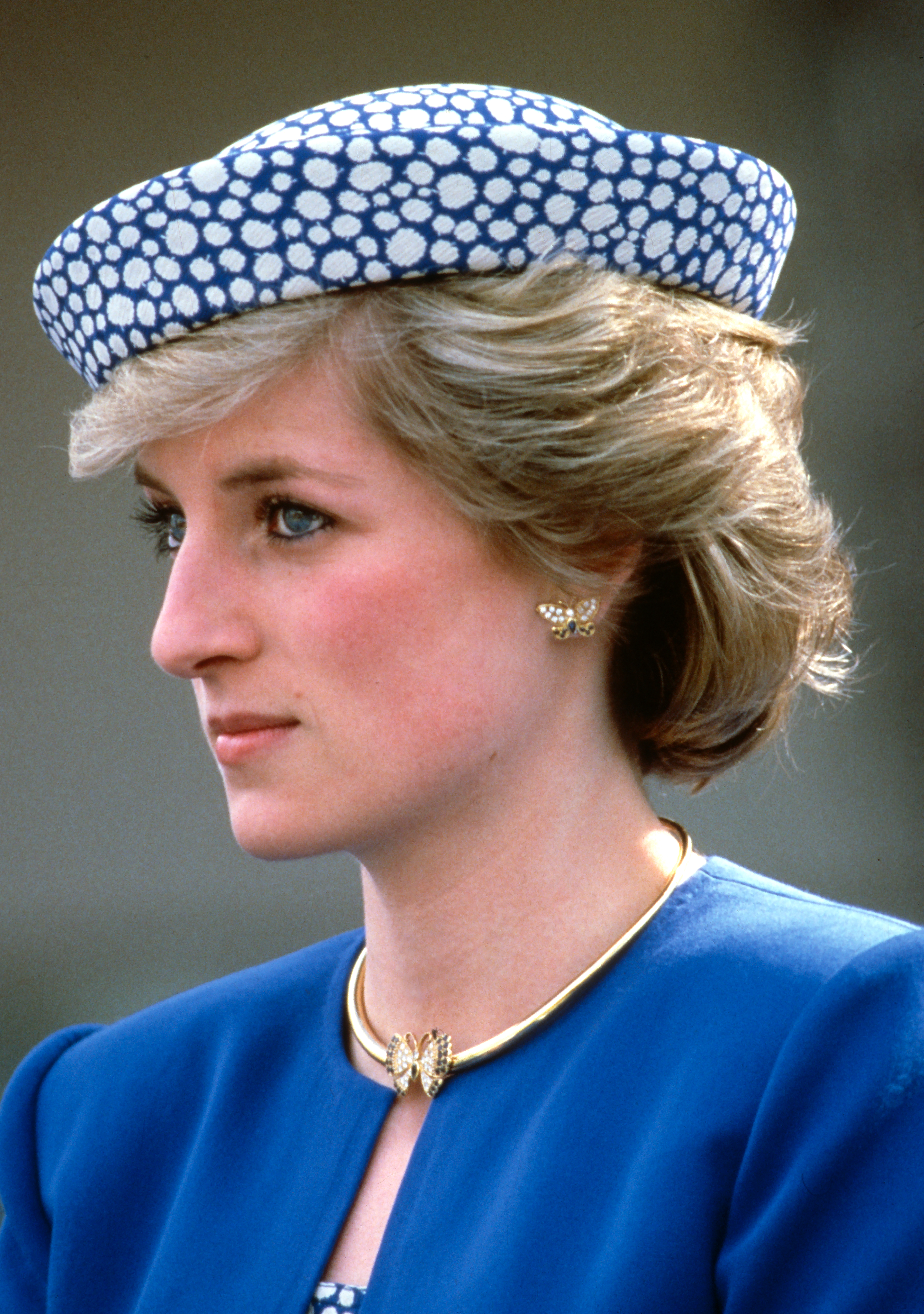 PRINCE GEORGE, CANADA - MAY 04: Diana, Princess of Wales, wearing a blue suit designed by Catherine Walker and a blue and white hat by Graham Smith, visits Prince George on May 4, 1986 in British Columbia, Canada. (Photo by Anwar Hussein/Getty Images)