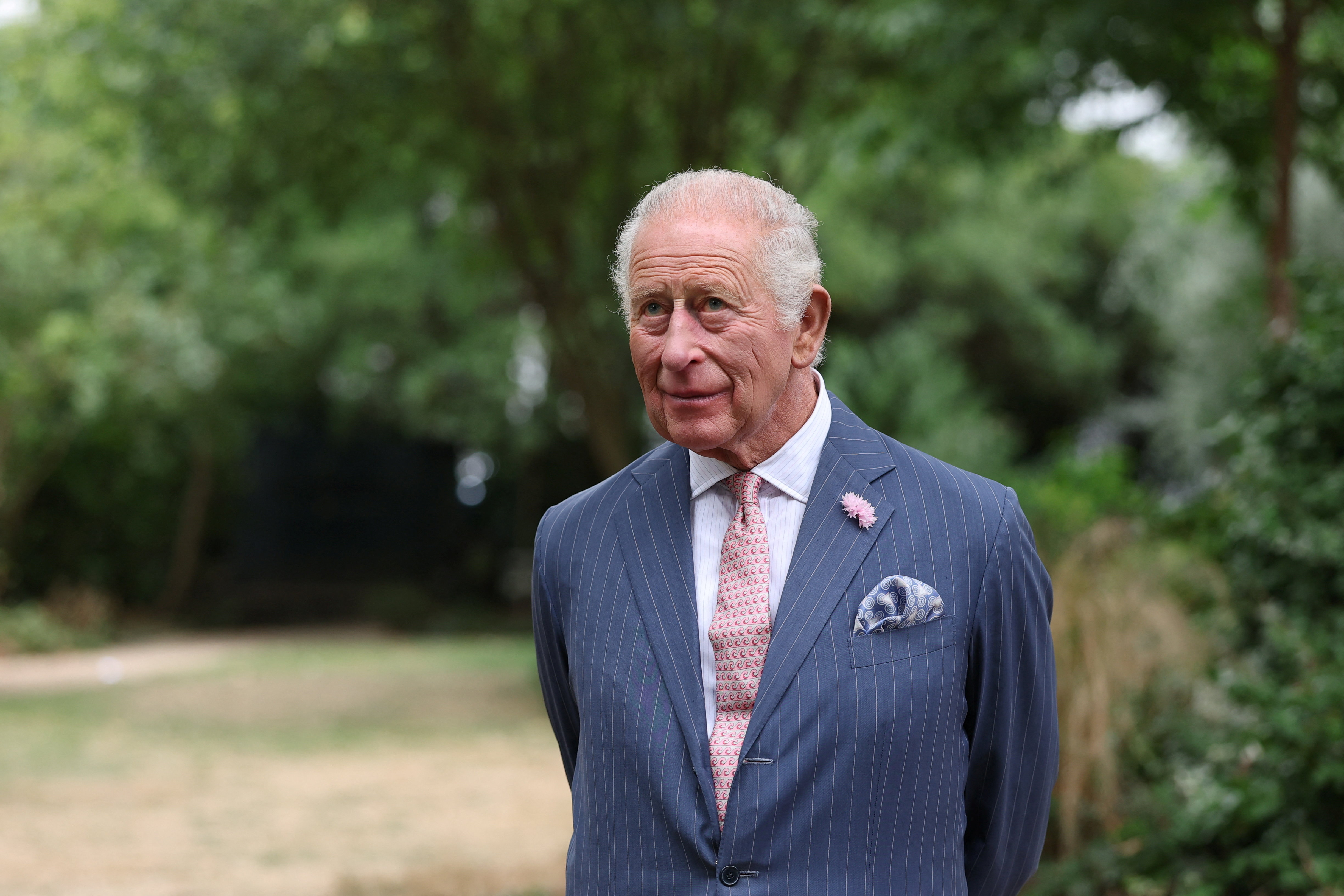 LONDON, ENGLAND - SEPTEMBER 2: Britain's King Charles III attends a garden party marking the 125th anniversary of the Victoria League for Commonwealth Friendship, a charity providing accommodation for Commonwealth students on September 2, 2026 in London, England. (Photo by Toby Melville-WPA Pool/Getty Images)