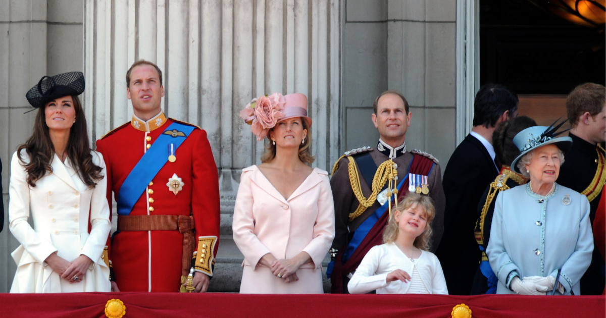 Prince William, Duke of Cambridge, Catherine, Duchess of Cambridge, Sophie, Countess of Wessex, Prince Edward, Earl of Wessex, Lady Louise Windsor and Queen Elizabeth II stand on the balcony of Buckingham Palace following the Trooping the Colour Ceremony on June 11, 2011, in London, United Kingdom. (Photo by Anwar Hussein/WireImage)