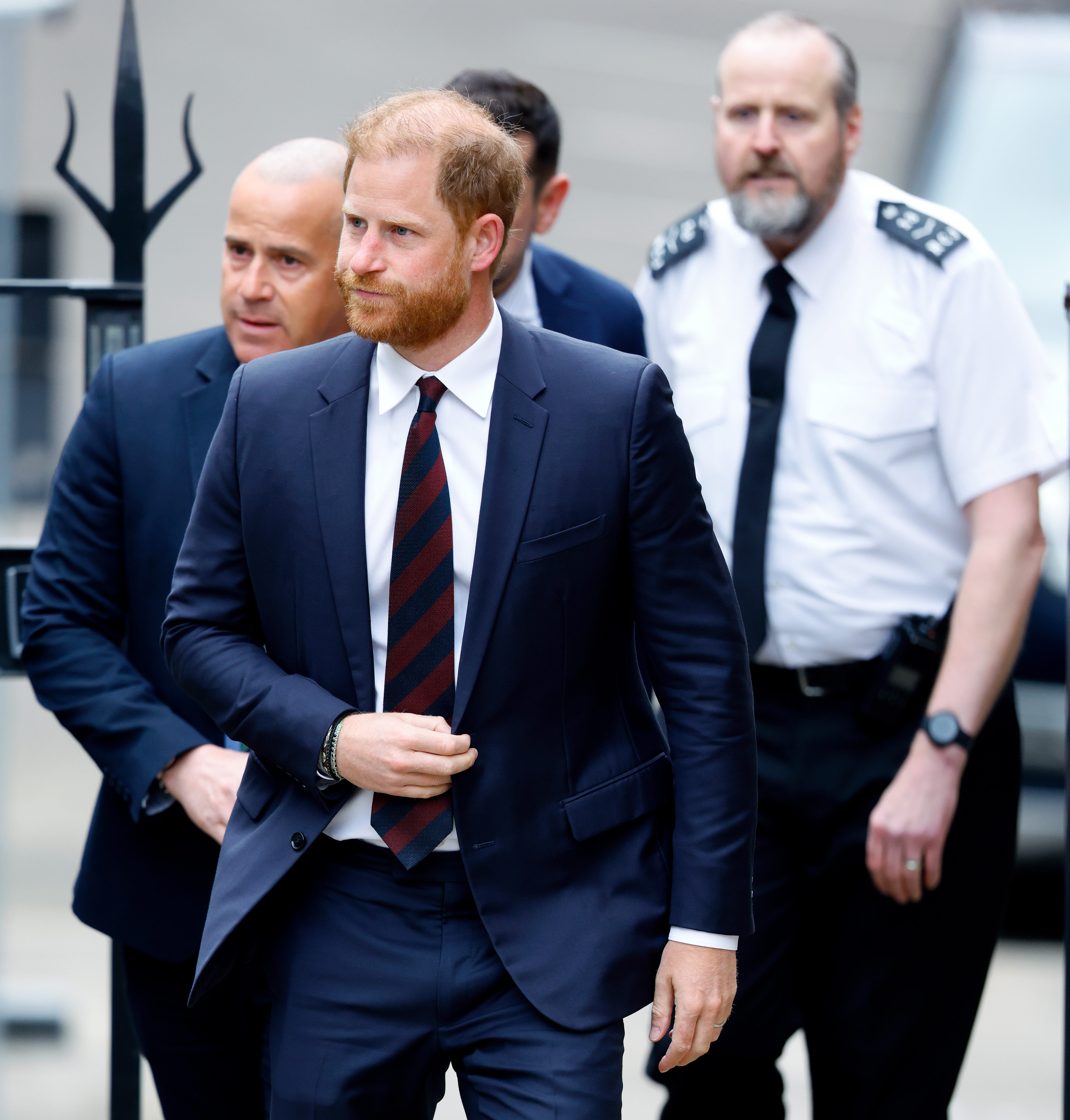 LONDON, UNITED KINGDOM - APRIL 09: (EMBARGOED FOR PUBLICATION IN UK NEWSPAPERS UNTIL 24 HOURS AFTER CREATE DATE AND TIME) Prince Harry, Duke of Sussex (wearing a Household Division regimental tie) attends day 2 of a Court of Appeal hearing regarding his security at the Royal Courts of Justice on April 9, 2025 in London, England. Prince Harry is appealing a previous High Court ruling based on a decision made by the Royal and VIP Executive Committee (RAVEC) to downgrade the level of security he receives whilst visiting the UK after stepping back from being a full time working member of the royal family. (Photo by Max Mumby/Indigo/Getty Images)