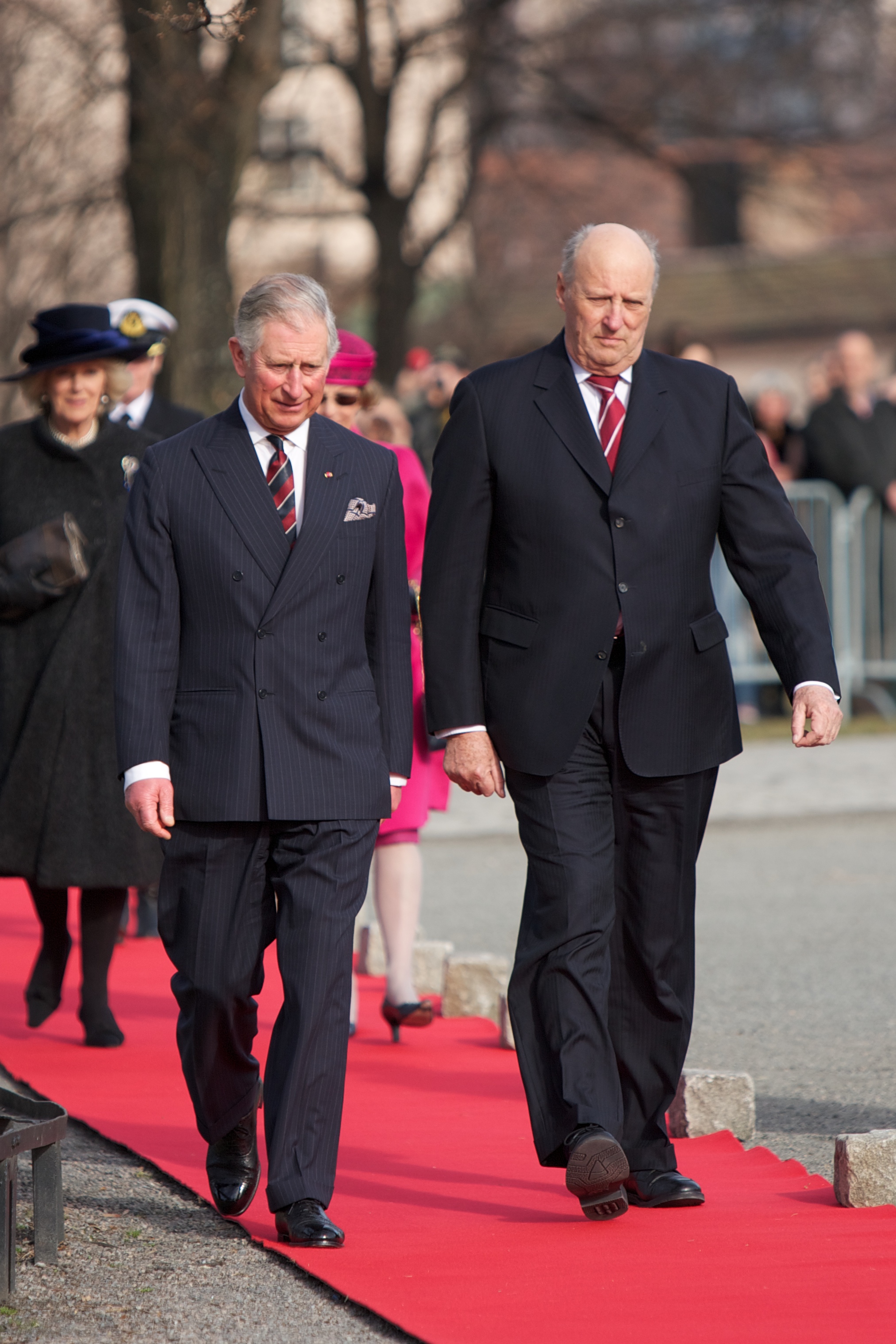 OSLO, NORWAY - MARCH 20: Prince Charles, Prince of Wales and King Harald V of Norway attend a wreath laying ceremony at the National Monument at Akershus Fortress on March 20, 2012 in Oslo, Norway. (Photo by Ragnar Singsaas/WireImage)